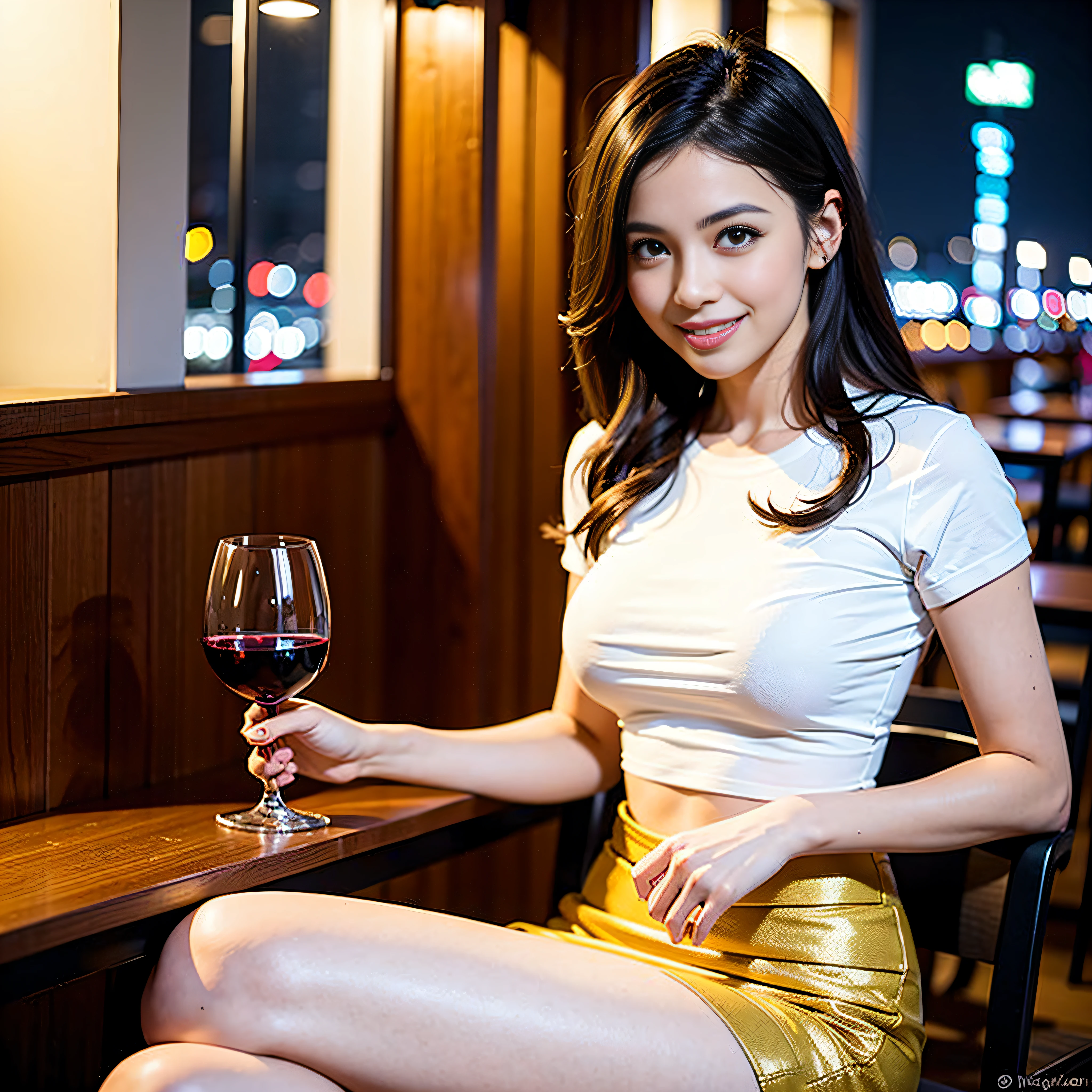 (8k, RAW photos, best quality, Masterpiece: 1.3), (realistic, photo realistic: 1.27), intricate details, (1 16-year-old girl holding a glass of red wine in her hand), sitting, solo, bare shoulder, (summer fashion: 1.4), (red shirt: 1.2), long sleeves, thin skin, long black hair, (perfect body type: 1.4), full body, dynamic pose, delicate eyes, black eyes, (bare legs: 1.8), bare feet, exposed leg skin, (insect eye view: 1.2), (from below: 1.2), Cool pose, 8k UHD, HDR, extremely refined and beautiful, outside, wooden house, garden, grapefruit, red high heels, (shiny skin), movie lights, turtleneck shirt, short skirt, incredible tights, --auto