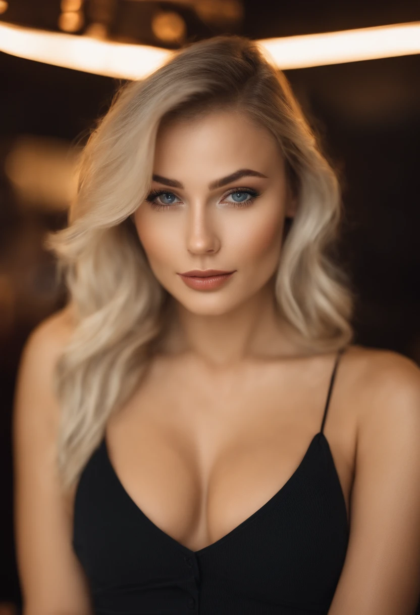 Blonde woman with matching tank top and skirt posing in a nightclub, fille sexy aux yeux bleus, Portrait Sophie Mudd, blur background, Best quality, 1fille, Portrait de Corinna Kopf, cheveux blonds et grands yeux, selfie of a young woman, ohne Maquillage, maquillage naturel, Look directly into the camera, Visage avec Artgram, dezentes Maquillage, Superbe photo du corps entier, dans la chambre, gros seins, Blonde, Latin
