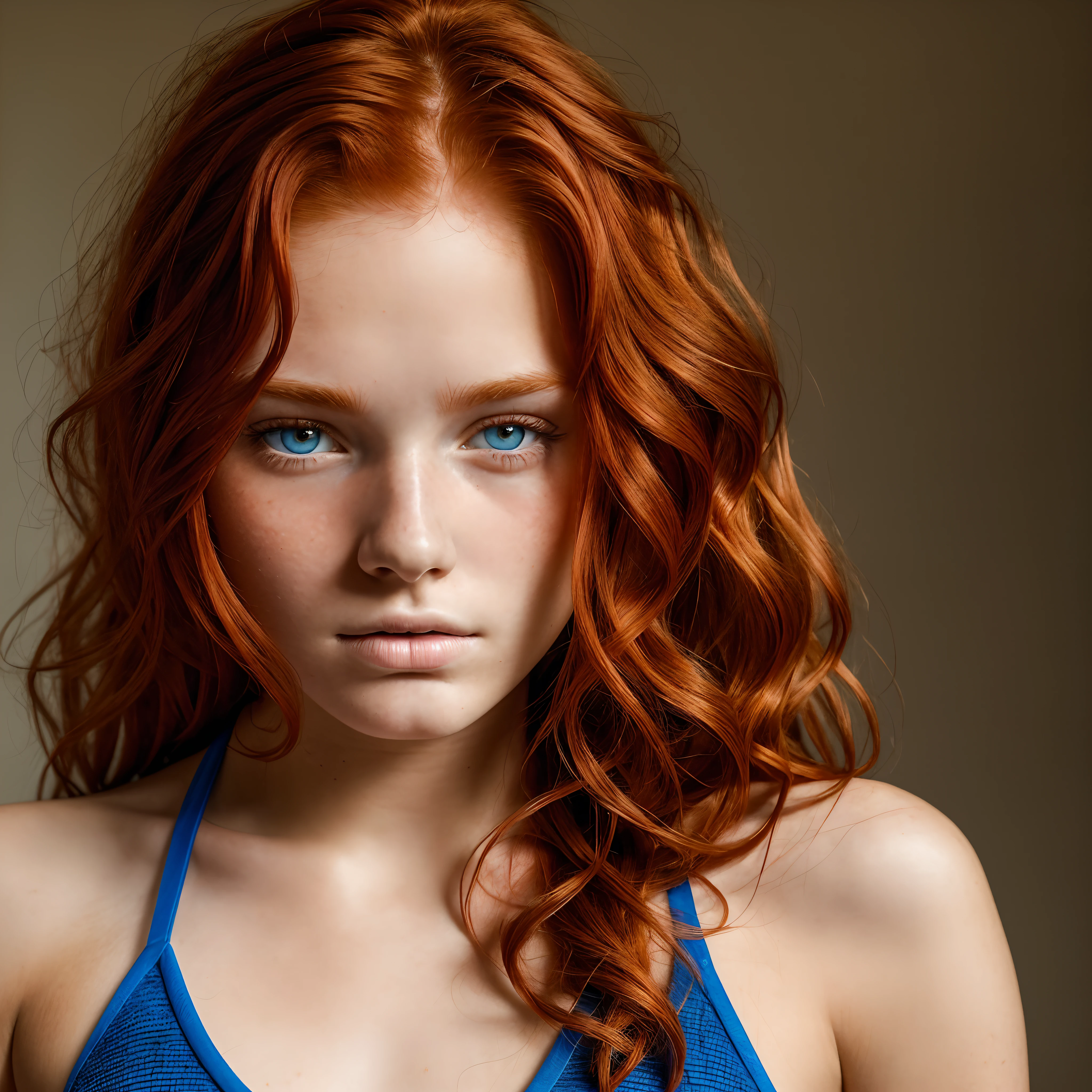 raw, a photo of a seductive ager with loose styled, (redhead hair:1.2), bored, she is wearing a blue halter top, mascara, close up of face, (textured skin, skin pores:1.1), imperfect skin, goosebumps, flawless face, (sun-kissed:1.1), ((photorealistic):1.1),