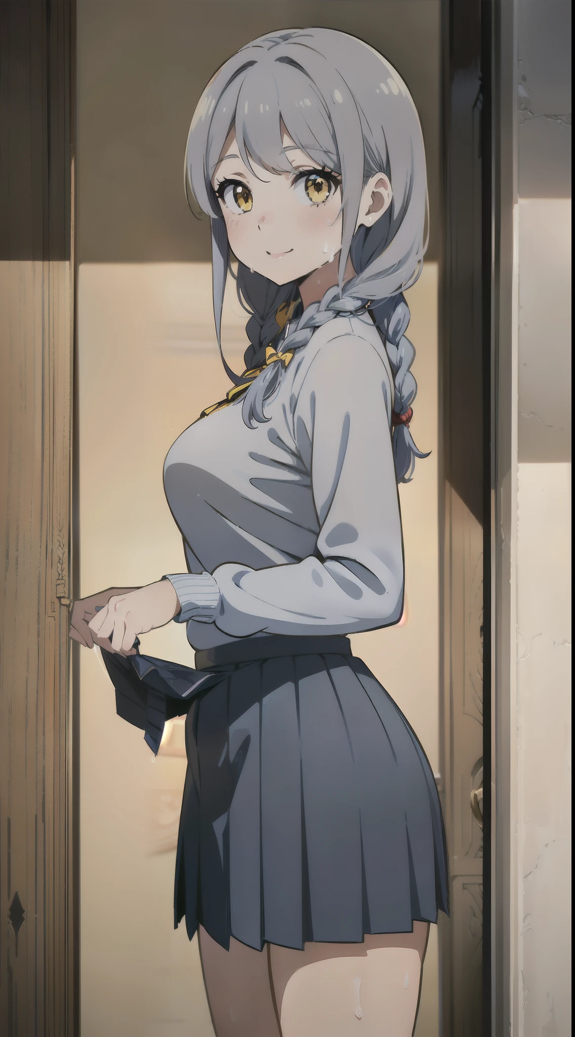 ((1 Beautiful Beautiful Girl)),(((detail portrayal))),(((Gray hairs))),(((Fetishes))),(((Braids1One))),(((a small face))),(((Less bangs))),(((Trimmed bangs))),(((Yellow eyes))),(masterpiece)), (((Hanging eyes))),((top-quality)),((Vivid light and shadow depiction)), (The ultra-detailliert), ((kawaii)), cute little, (Detailed body line depiction), ((detailed face depiction)),((ighly detailed)), (8K), top-quality, (Beautiful fece),(((World-class quality))), ighly detailed, hight resolution,(((Anime filling))),(((large udder))),(((小柄))),(((Show breasts))),(((Naked blue jumper skirt))),(((is standing))),(((de pele branca))),(((Inside the girl's room))),(((kindly smile))),(((full of sweat))),(((lift up one's skirt)))