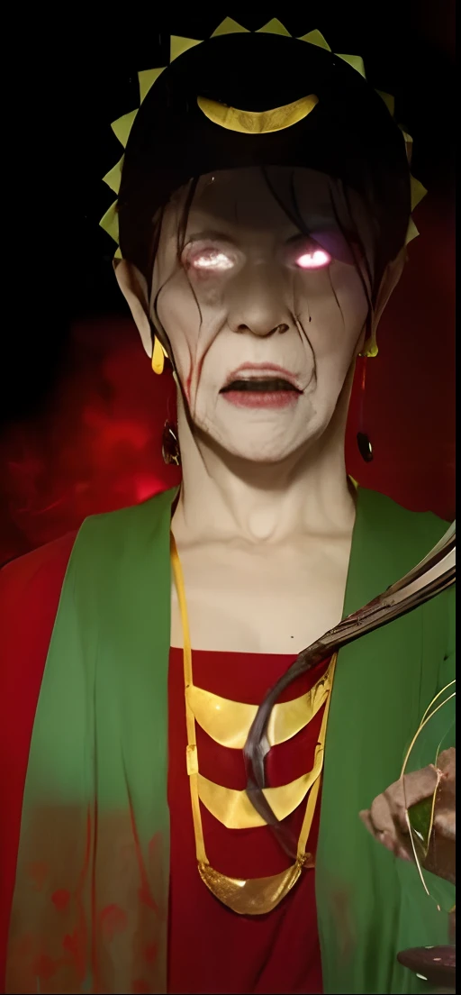 Ghost, Old woman, Scary old granny, bun on head, black hair, bright red eyes with blood flowing, blood red lipstick, red clothes with green scarf, gold earrings, Green pointed headband, and on the front there is gold additional decoration, realistic