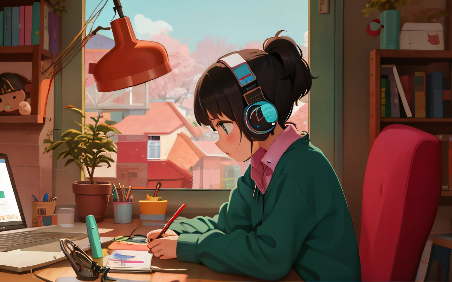 ****** anime sentada em uma mesa com um laptop e fones de ouvido em, ****** ZERO, Elogio Artstyle, Retrato Lofi, Arte Lofi, Lofi Sensation, ZERO, ZERO vibrations, Chillhop, lofi girl aesthetic, arte lo-fi, cores ZERO, lo-fi illustration style, Hip Hop Lofi, lofi aesthetic