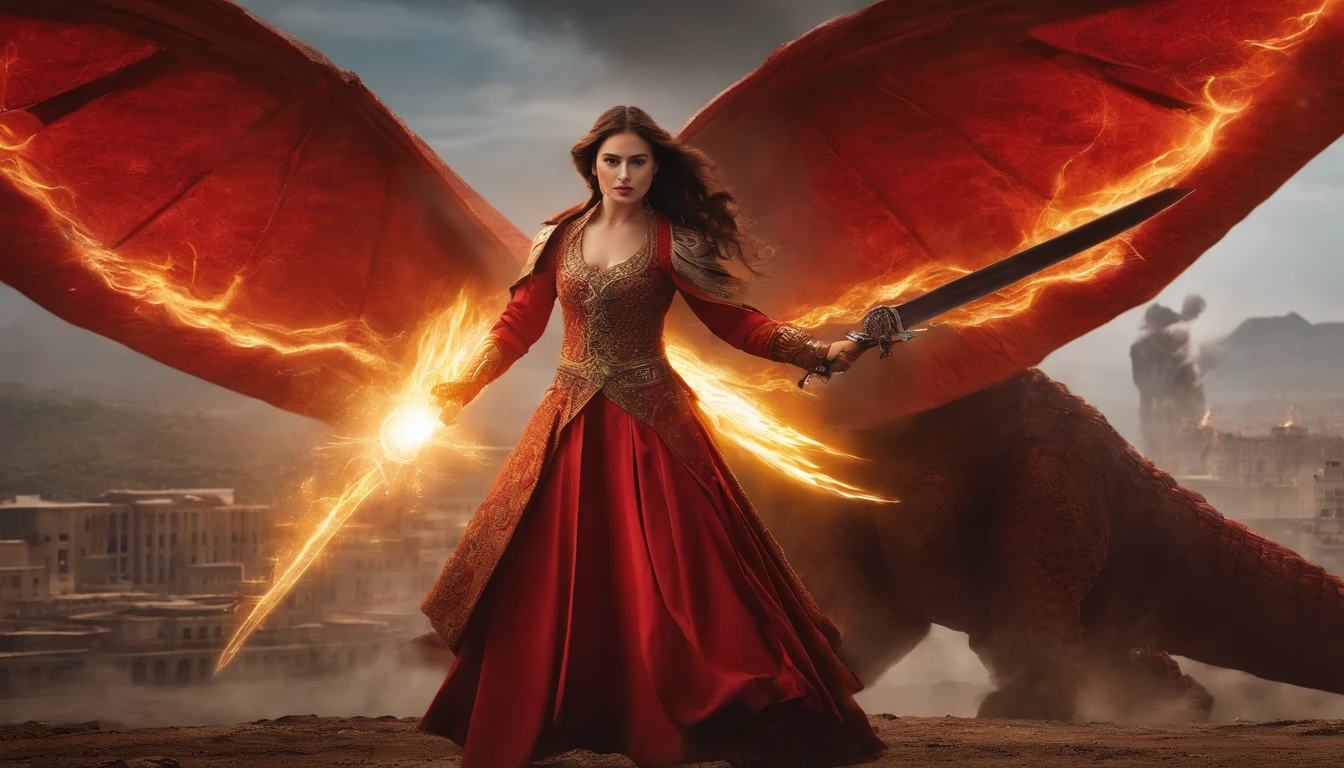 (1girll:1.3), solo, (((very vey very detailed face))),((very detailed eyes and faces))),beatiful detailed eyes,lady with longhair, wear red and yellow tech-armor, fighting a chinese-style monster with laser beam, Damaged chinese Urban background with fire, day, sunlight, surrealism, Chiaroscuro, Cinematic lighting, blend, projected inset, hyper HD, Super detail, High details, in a panoramic view,Drone shooting angle,High quality, A high resolution, 8K, ccurate