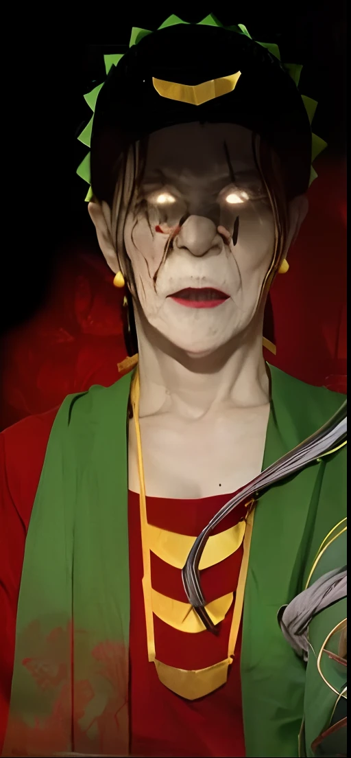 Ghost, Old woman, Scary old granny, bun on head, black hair, bright red eyes with blood flowing, blood red lipstick, red clothes with green scarf, gold earrings, Green pointed headband, and on the front there is gold additional decoration, realistic
