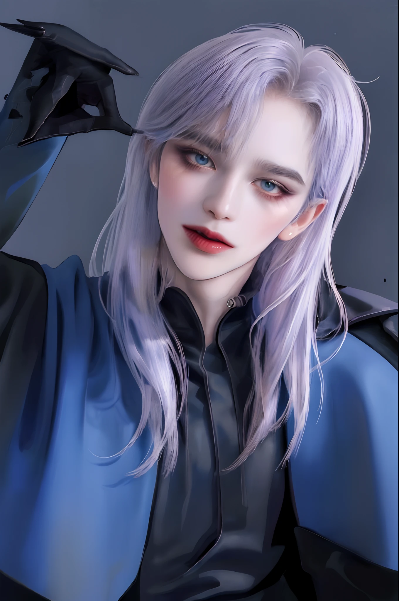 ((4K works))、​masterpiece、（top-quality)、((high-level image quality))、((One beautiful vampire woman))、Slim body、((Vampire Black Y-Shirt Fashion))、(Detailed beautiful eyes)、((Black wall background))、((crows))、((Face similar to Chaewon in Ruseraphim))、((shoulder-length hair))、((bright and beautiful silver hair))、((Smaller face))、((Neutral face))、((Light blue eyes))、((Korean Women))、((18year old))、((Wild Lady))、((Show your teeth and smile))、((Korean makeup with black eyeshadow))、((elongated and sharp eyes))、((Shot alone))、((Vampires))、((Vampire Woman))、Vampire Photos、Villain、Dark Proof、((Dark Filter))、((Shot diagonally from the side))、Vampire Pose