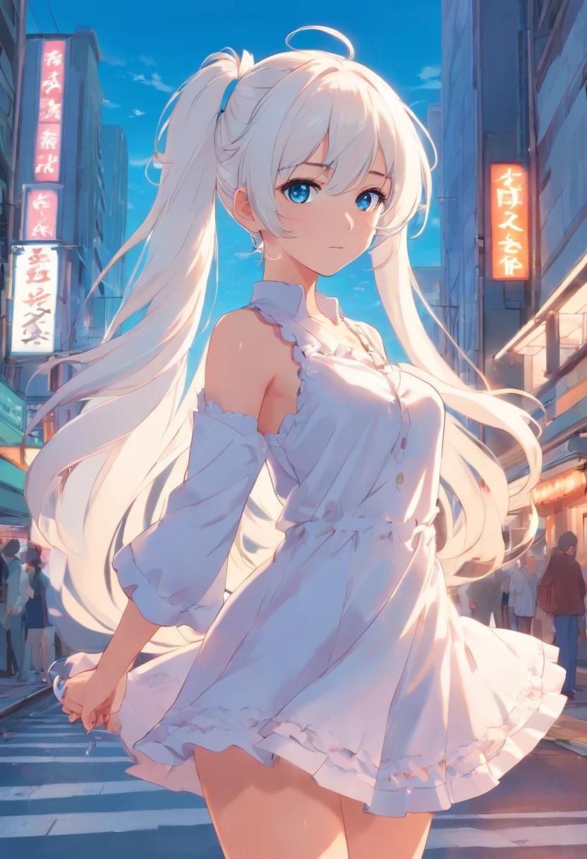 white color hair,Double ponytail curls,blue color eyes,White ta,Beth,A bustling city street, naked, embarassed, trying to hide