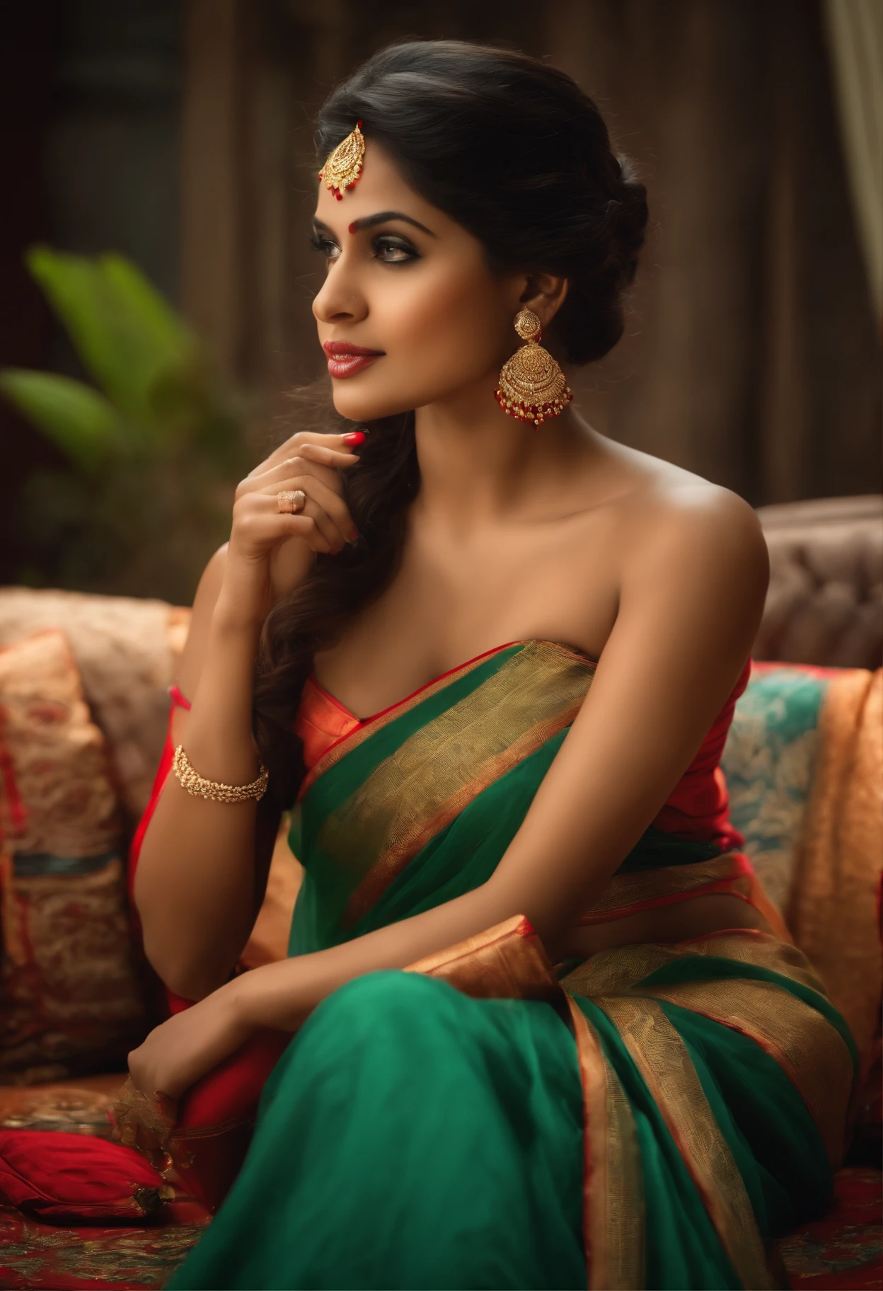 women in saree with strapless blouse,sitting on couch,sipping tea,very confident ,very pretty