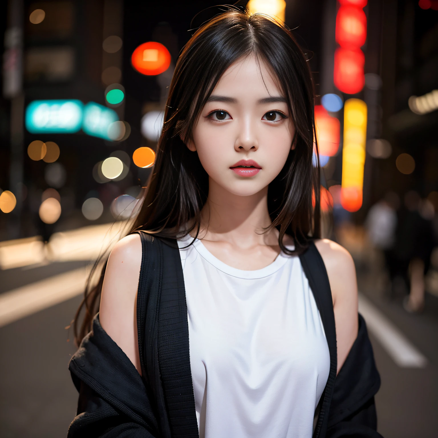 1girl, Tokyo street,night, cityscape,city lights, upper body,close-up, 8k, RAW photo, best quality, masterpiece,realistic, photo-realistic, Bule eye:1.2, front cover,