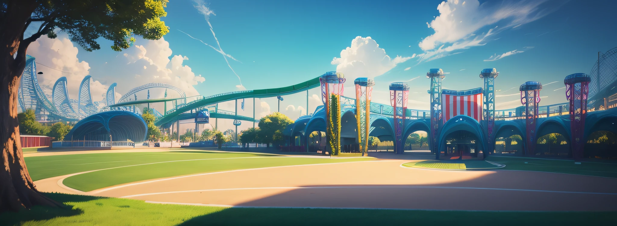 Entrance to 1 multifunctional amusement park, vivid images in cartoons, eye-catching vivid images, attractive atmosphere attracts eyes, realistic, high-quality and aesthetically pleasing images, day lighting, fresh blur sky, grass ground, big tree
