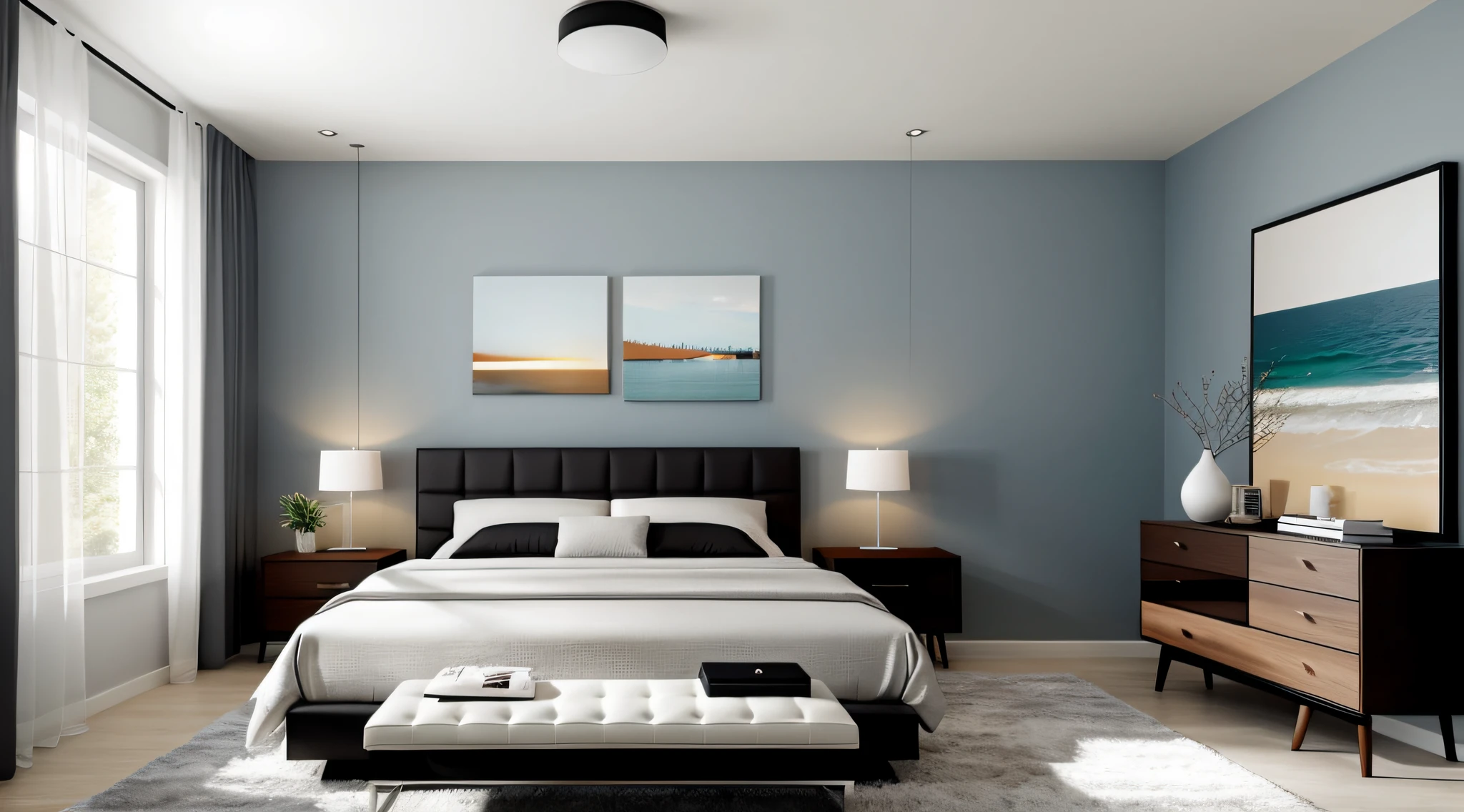 modern bedroom, photorealistic