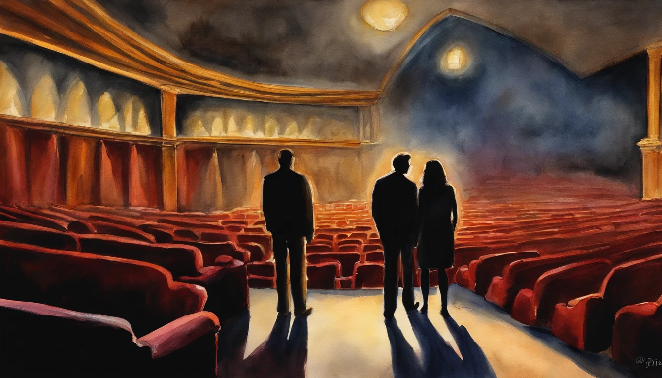 A mysterious and dark movie theater, illuminated only by the faint glow of the screen, casting silhouettes of a couple seen from behind, their hands intertwined, engrossed in the cinematic experience.