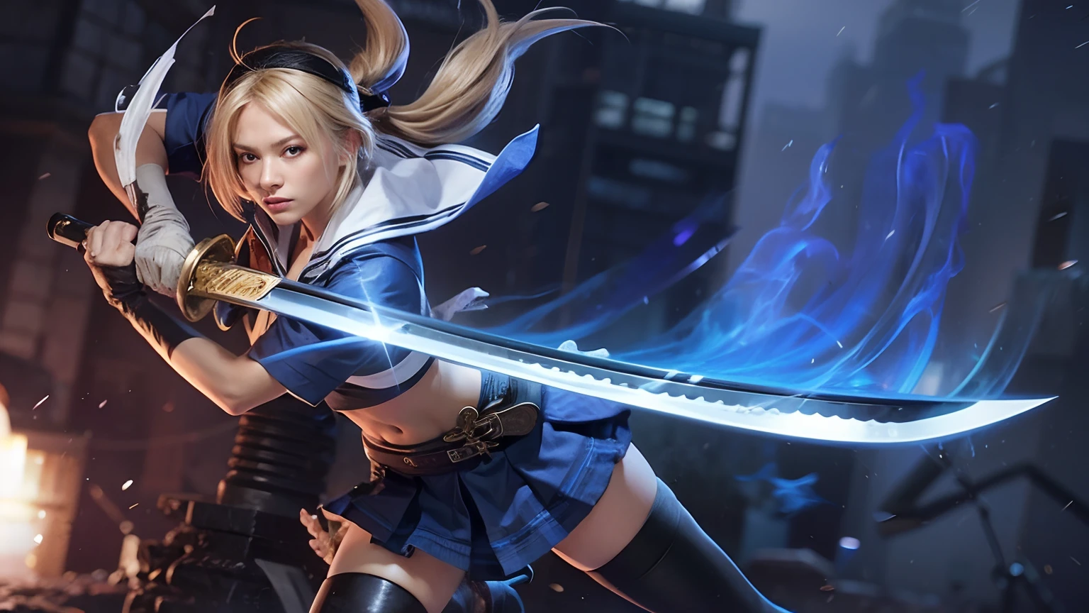 girl, blonde hair, with black bandana, blue shirt, long black sock, with super detail katana,