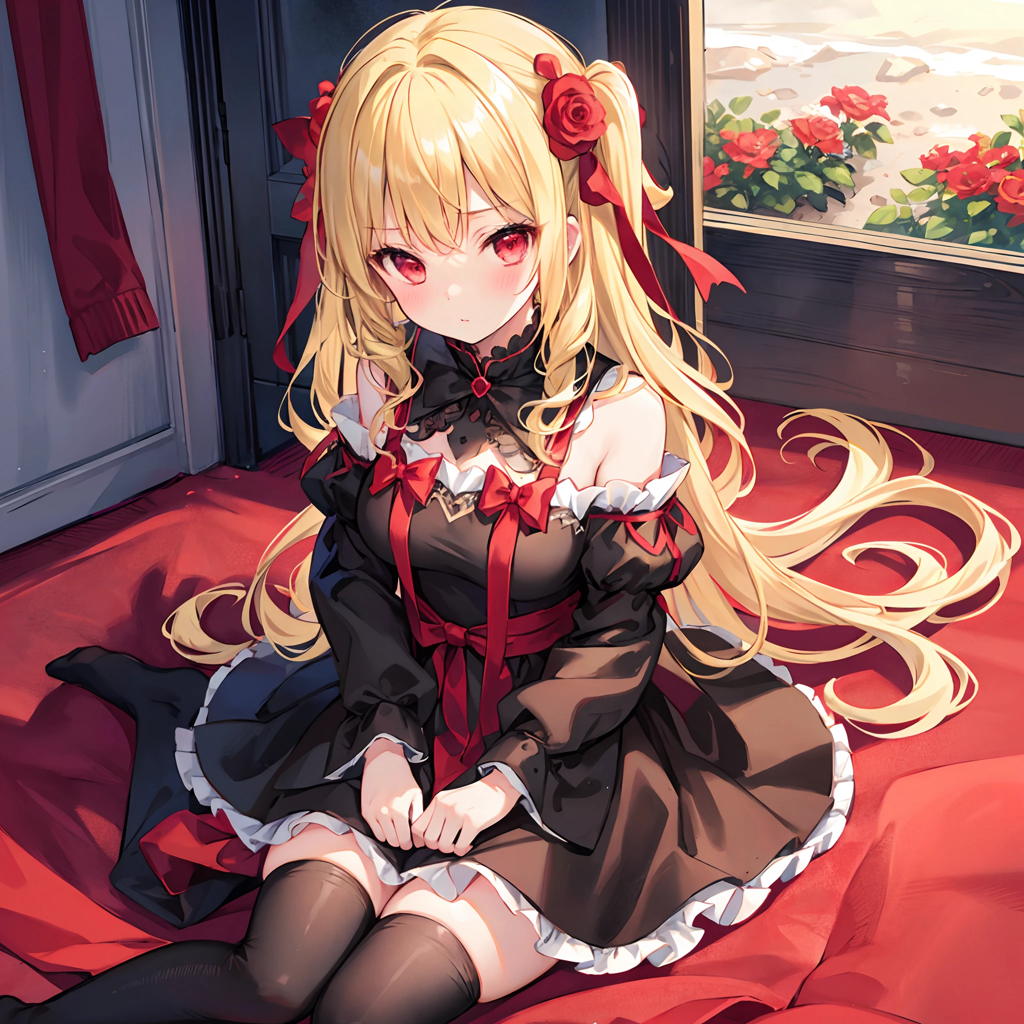 masterpiece, highest quality, Very detailed, 16k, Ultra-high resolution, Cowboy Shot, One 8-year-old girl, Detailed face, Perfect Fingers, Golden Eyes, Blonde,  Original Costume, Twin tails, bonnet、Red dress、White Panties Western-style House, bed, Lie on your back