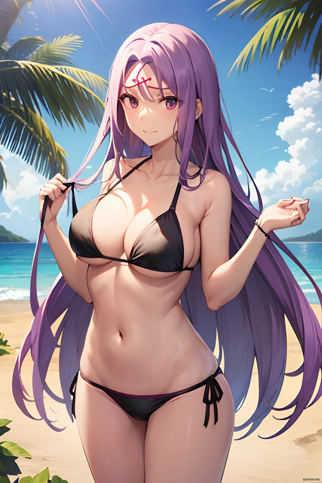 Best Quality, (masutepiece:1.2), Highly detailed,Fate/Stay in the background, Sun'rays, (the beach:1.3), Splash,Medusa_nffsw, Upper body,1girl in, Solo, Standing, Looking at the viewer, Closed mouth, slight smile,absurdly long hair, Purple hair, Floating hair, Purple eyes, Naughty big、large full breasts、(Black Bikini:1.3)、cowboy  shot、