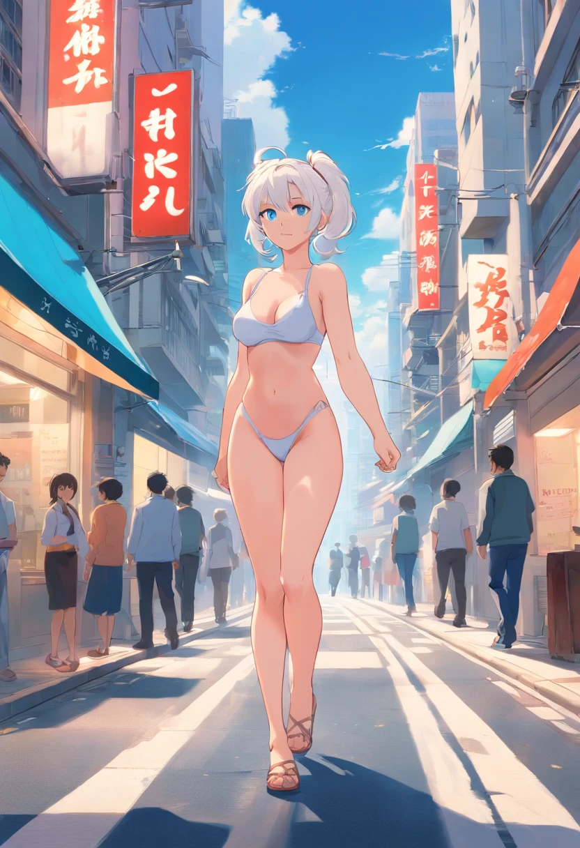 White color hair，Double ponytail curls，blue color eyes，White，Beth，A bustling city street，beast ear。No shoes Large breasts,nude, embarrased