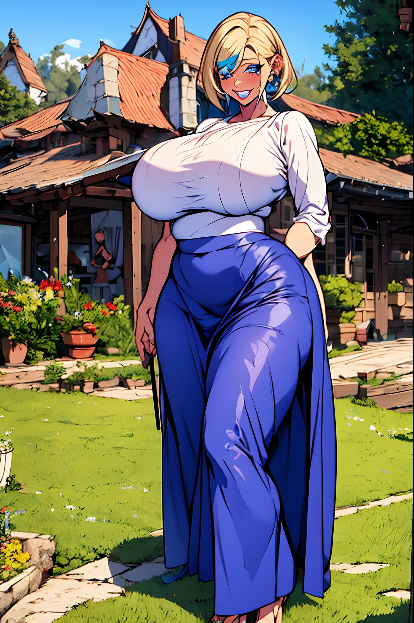 ,bimbo, slim waits, short hair, lipstick, wide hips, huge breasts, , huge breasts, milf,blonde hair, short hair, lipstick, makeup, , (blue eyes), perfect eyes, earrings, smiling, blushing, walking,*priestess, pullover, , walking flipflops, long skirt, medieval clothing, solo, floral crow, staff, wizard, full body, flipflops, medieval village, long robo, long skirt, big skirt,Ancient Chinese architectural style, pant, largen skirt, pants, pantyhose, long skirt, blue, cloths