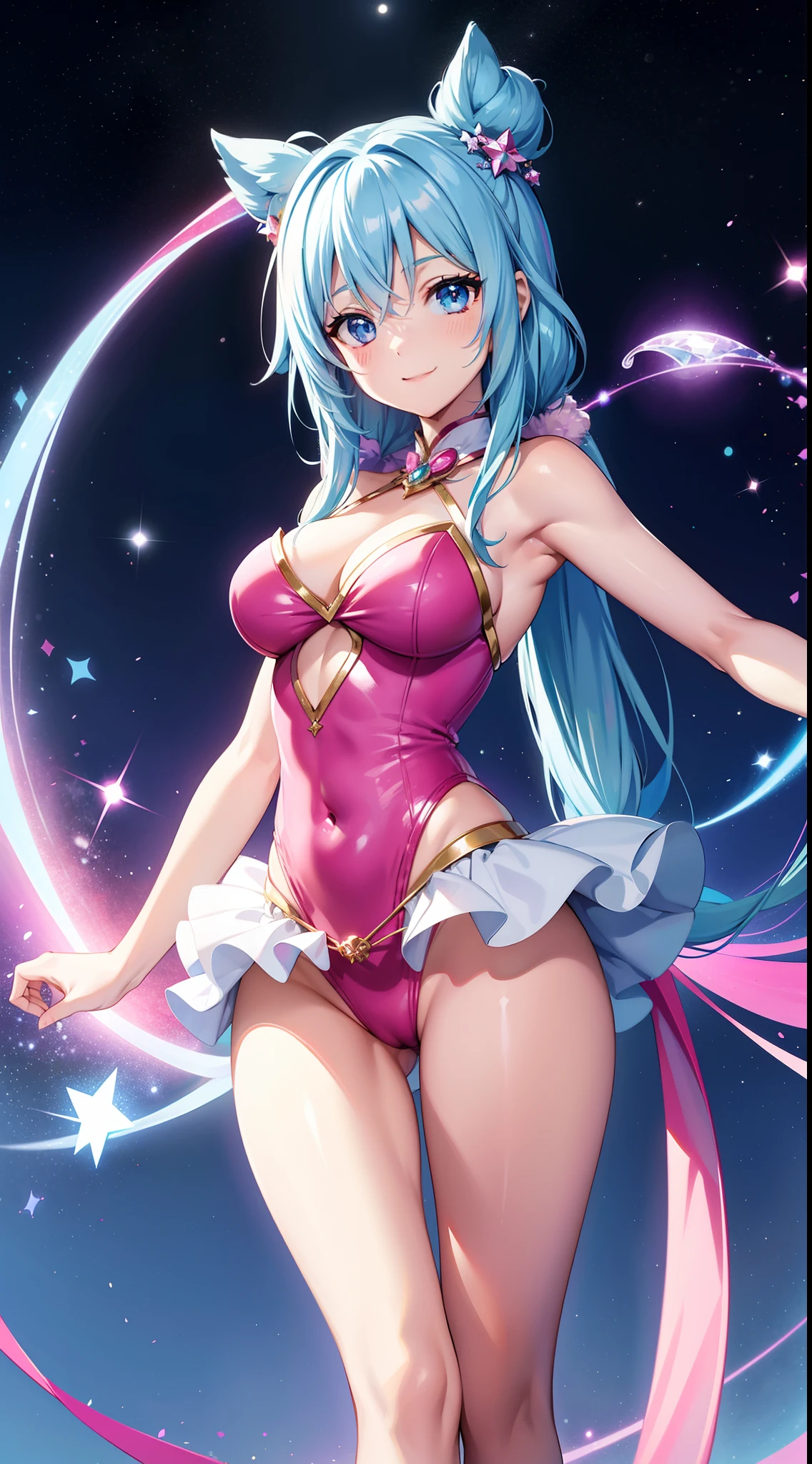 Super Idol a beauty girl A charming smile sky blue hair length hair Twin-tailed skinny Sparkly bright pink and white leotard facing front Mystical Fantasia constellation a moon Crystal Brilliance Aurora Borealis in the Night Sky