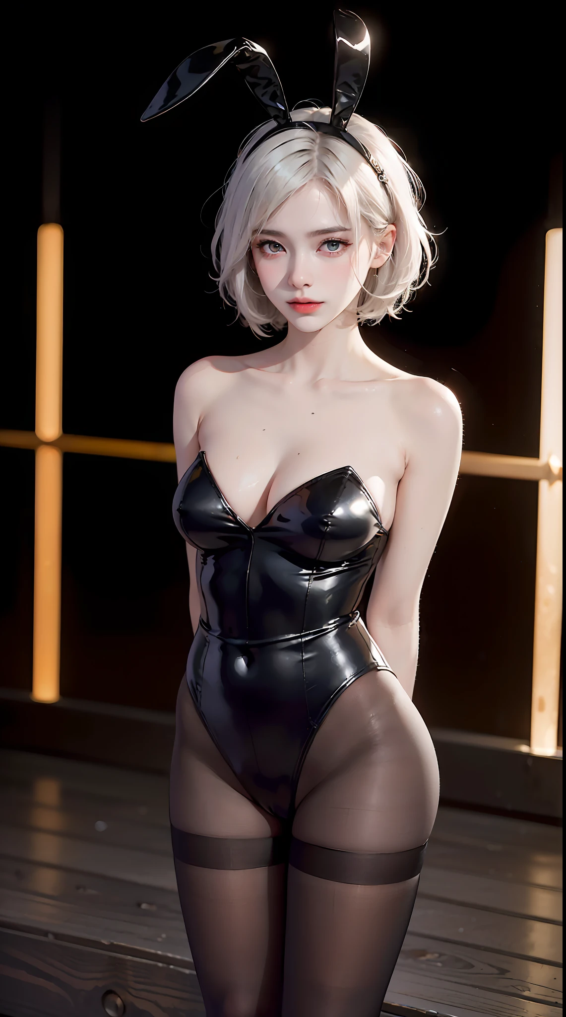 ((((masterpiece, best quality, high resolution)))), from above,illustration,1girl, white hair, bob cut, short wavy hair, purple eyes, looking at viewer, light smile, (breast focus), (arms behind back:1.2), average breasts, (breasts out:1.2), midriff, collarbone, nighttime, sweat, (black Playboy bunny suit, highleg leotard, thighhighs, pantyhose, rabbit ears, high heels), night bar, night light, seductive expression, seductive eyes, suggestive looks, cowboy shot,