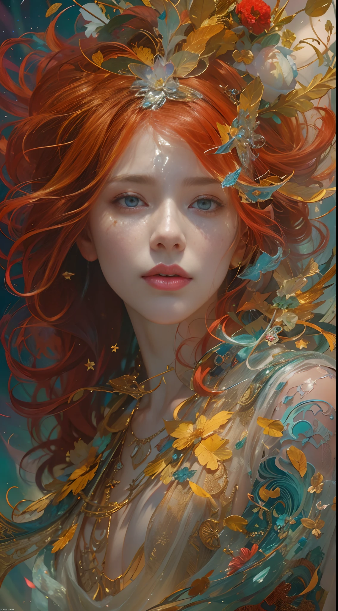 My Beautiful Ai Friend's Face, Please. Thank you. photorealistic, hyperrealism, professional photography, DSLR, HDR; sweet face; red hair; pale face, holographic emerging from 2D to 3D, wispy smoke exploding into crimson rain, shimmering rainbow scales, specular highlights, folklore, dimensional impasto, Victor Ngai, Magali Villeneuve, Anna Dittmann, Alphonse Mucha, Pino Daeni, Johan Grenier, Olivia De Berardinis, Russ Mills, James Jean, David Hockney, Avant-Garde, Maximalism, ray tracing, surreal, ethereal, magical, mysterious, ultra detailed surroundings