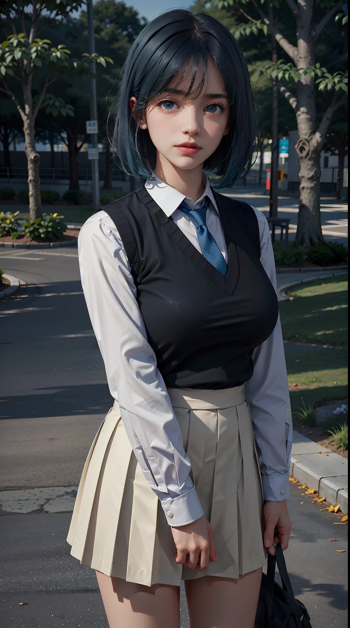 (Masterpiece: 1.3), Best Quality, Ultra High Resolution, 1girll, (big boobs:1.3), (blue hair, green eyes, bangs, short hair) ((girl akanekurokawa )) pe rfect eyes, has an extremely sexy body, with full breasts and a thin waist, and an extremely sexy body, skirt, socks, sneakers, shoes, white footwear, black socks, pleated skirt, kneehighs, white shirt, blue necktie,  long sleeves, vest, collared shirt,  ,has a bold look. young, (quality, Ultra high Detail, realistic, cute expression), sad, calm, (in the park), (standing)