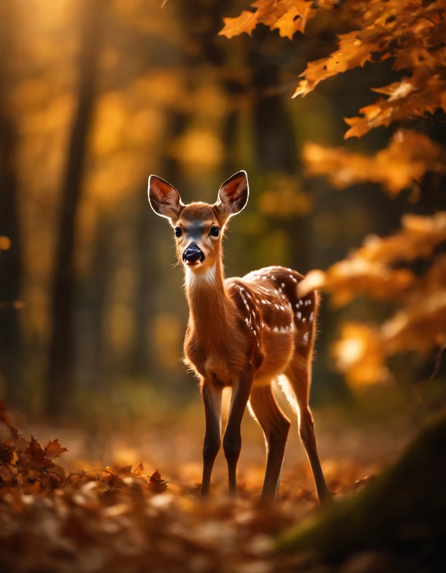 hyperrealistic glamour photo of a cute deer nibbling surrounded by beautiful maple leaves in a dark meaple forest, holding a maple leaf in his mouth, autumn, beautiful eyes, sunlight, (high quality:1.2), extremely detailed fur, masterpiece, best quality, photograph, dreamlike, face focus, intricate details, sharp focus, photography, photorealism, photorealistic, soft focus, volumetric light, (masterpiece), (intricate details), (hyperdetailed), high detailed, lot of details, high quality, soft cinematic light, dramatic atmosphere, atmospheric perspective, raytracing, subsurface scattering
