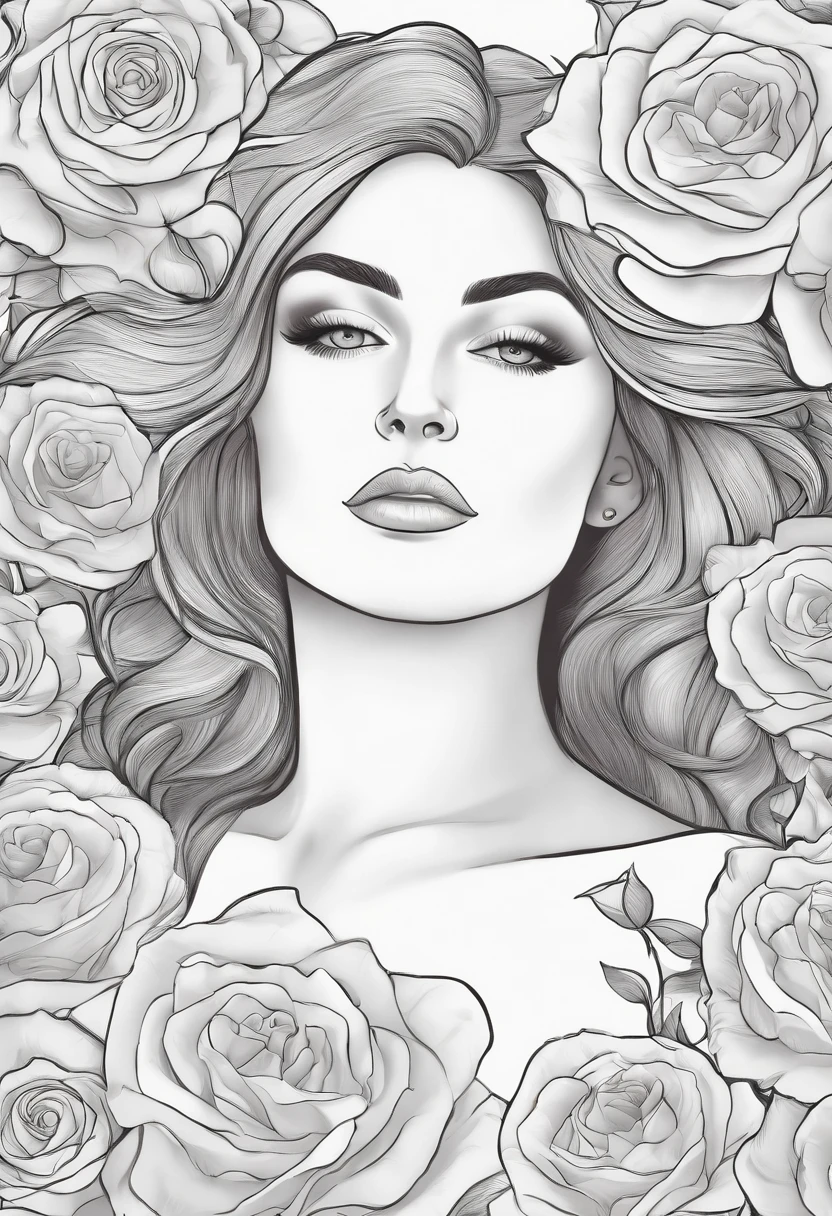 Surrounded by roses, closeup headshot, Dynamic pose, Grayscale illustration, Adult coloring page，City of Athens