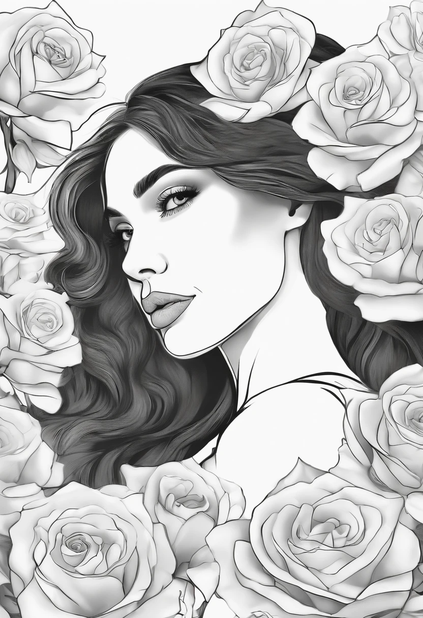 Surrounded by roses, closeup headshot, Dynamic pose, Grayscale illustration, Adult coloring page，City of Athens