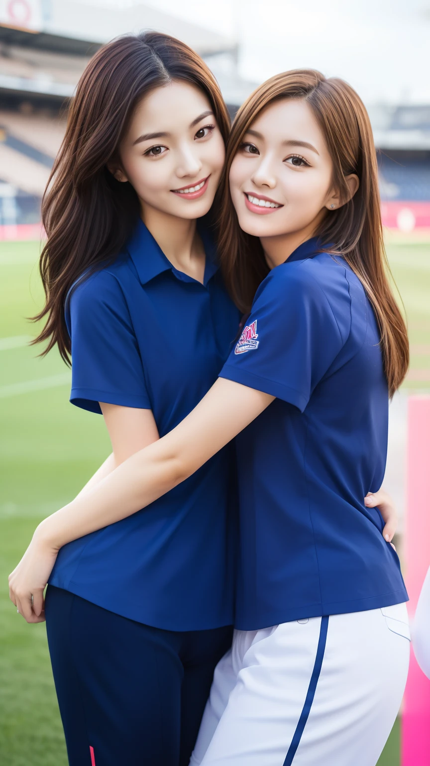 (bestquality,10,10,highres,masterpiece:1.2),ultra-detail,(Realistic,photorealistic portrait,photo-realistic:1.37),1 Cute girl in the football field,oily shiny skin,bara,light smile,BDclothes,((blue shirt:1.3)),short sleeves,Shirt, trousers.,(navy_long_Pants Track:1.1), ((Stadium Background:1.3)),dynamic angle,excited,face focus,Dynamic Poses,from behide,Ass Focus,masterpiece, bestquality, ultra realistic, hyper-detail, 8k resolution, RAW photo, crisp focus, ((Navy blue shirt:1.1)), short sleeves, Long Path, Perfect body, 2 mature women, 18yo, cinematic light,Blue sweatpants,Gymware,Correct anatomy,Complete body, Correct body, sharp face, Anatomically correct body, full entire body, Realistic gestures, long-haired, Realistic poses,Wear long shorts..,Long leg span,Shapely,Sculpting Girl, 2 girls kissing each other , Realistic kissing, Hourglass puppet, Slim figure, Beautiful body, Shapely , Both wear sweatpants.