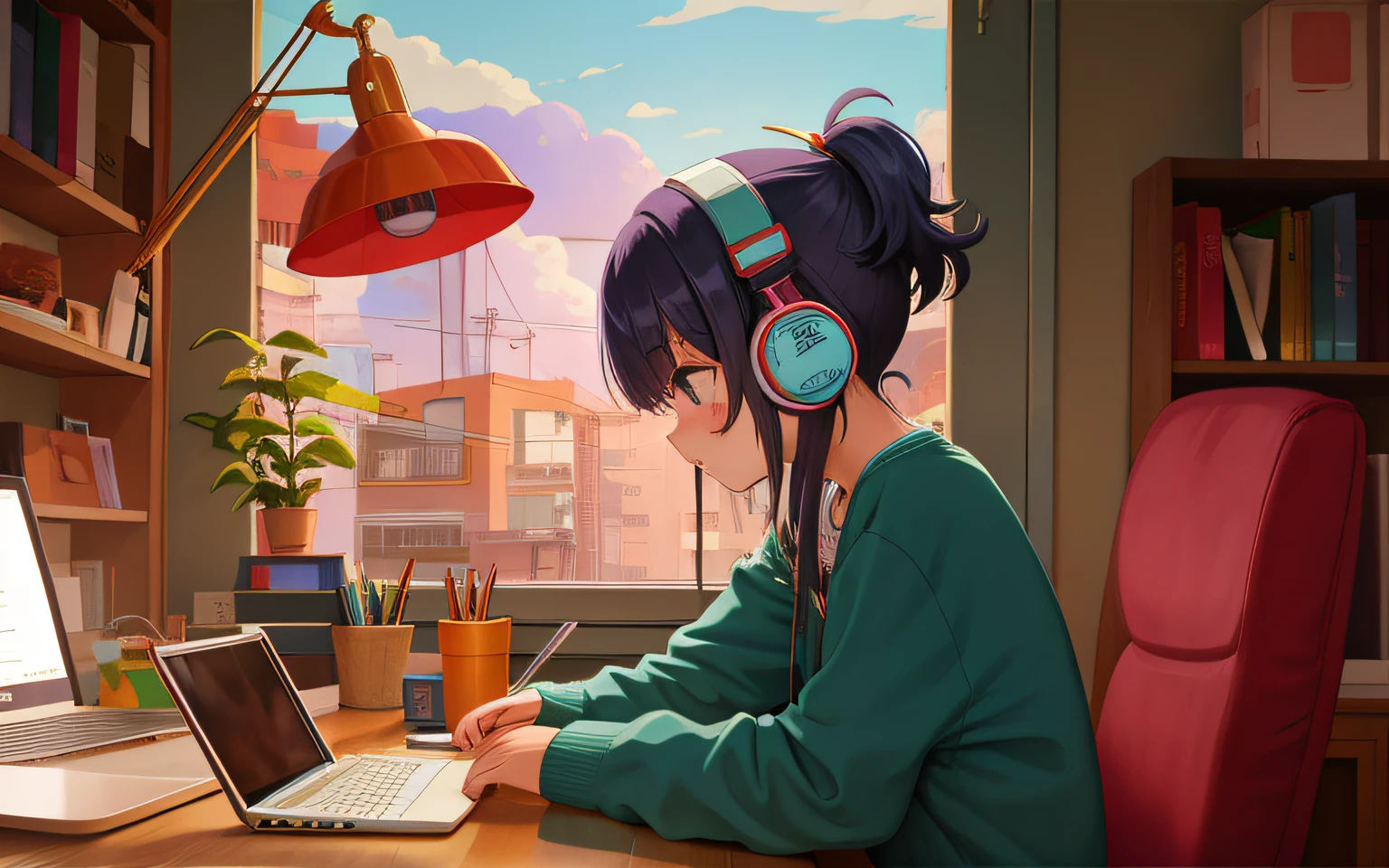 ****** anime sentada em uma mesa com um laptop e fones de ouvido em, ****** ZERO, Elogio Artstyle, Retrato de Lofi, Arte Lofi, Lofi Sensation, zero, ZERO vibrations, Chillhop, lofi girl aesthetic, Arte Lo-fi, cores ZERO, lo-fi illustration style, Hip Hop Lofi, lofi aesthetic