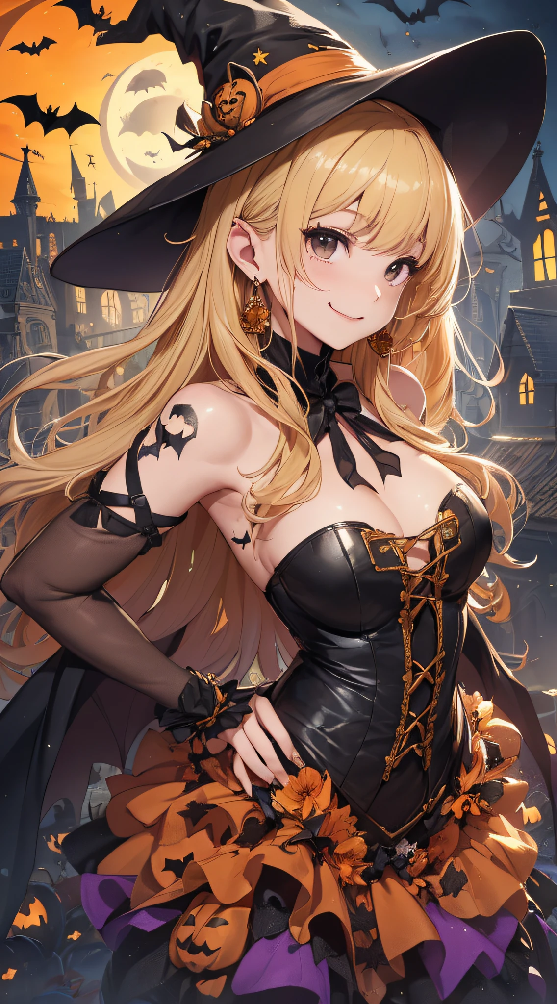top-quality、Top image quality、masterpiece、teens girl((18year old,Black Wizard Hat、Black and orange sexy clothes,Orange and black skirt、Orange muffler,Best Bust、Bust 85、Blonde long hair,Black eyes、open chest wide、Valley、Happiness、A slender、Blood coating、Emphasis on the chest、Bats tattoo、Gold Earrings、Cross your arms behind your back、Leaning forward、A smile))hiquality、Beautiful Art、Background with((natta、dark sky、Halloween at night、the bats、pumpkins,Halloween、Beautiful building)),Depth(Kids enjoying Halloween)masutepiece、Elaborate design、visualart、high contract、The best lighting、highestdetailed、low angles
