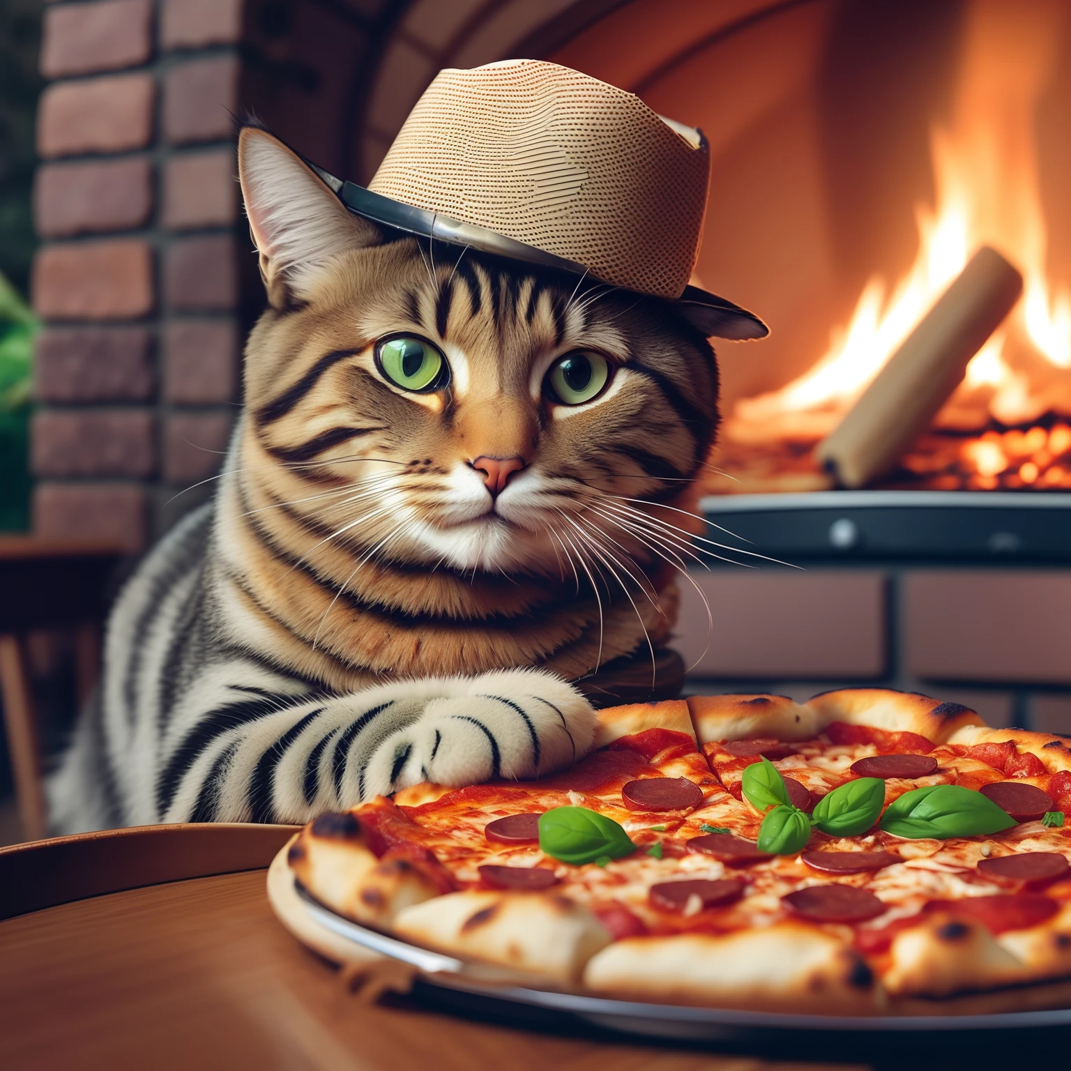 Appetizing pizza with meat and herbs