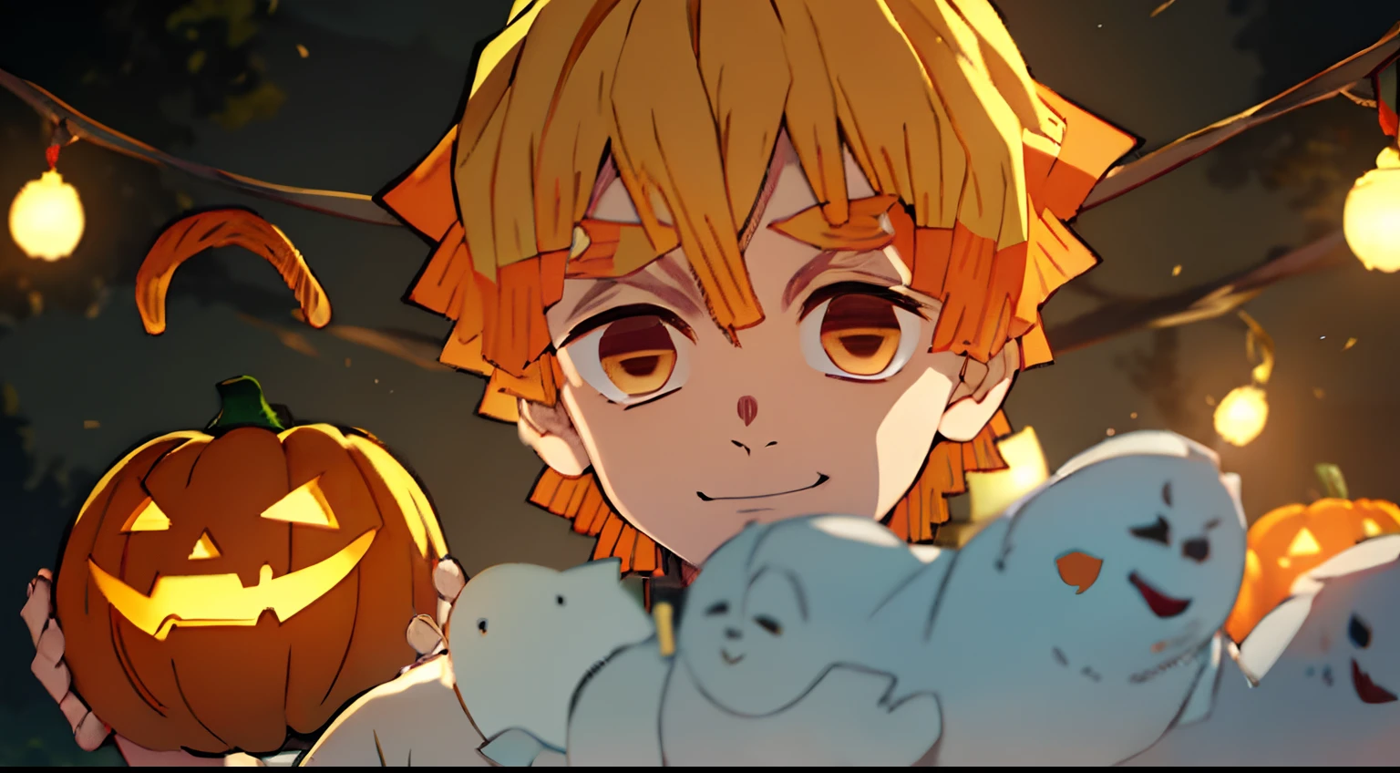 male people,animesque,hight resolution、hide mouth、hightquality、absurderes、finely detail、Manga、Anime coloring、A slight smil、Pumpkin Lantern、 ember,shorth hair,enticing,Dramatic Angle,the woods,natta,early evening,ghosts