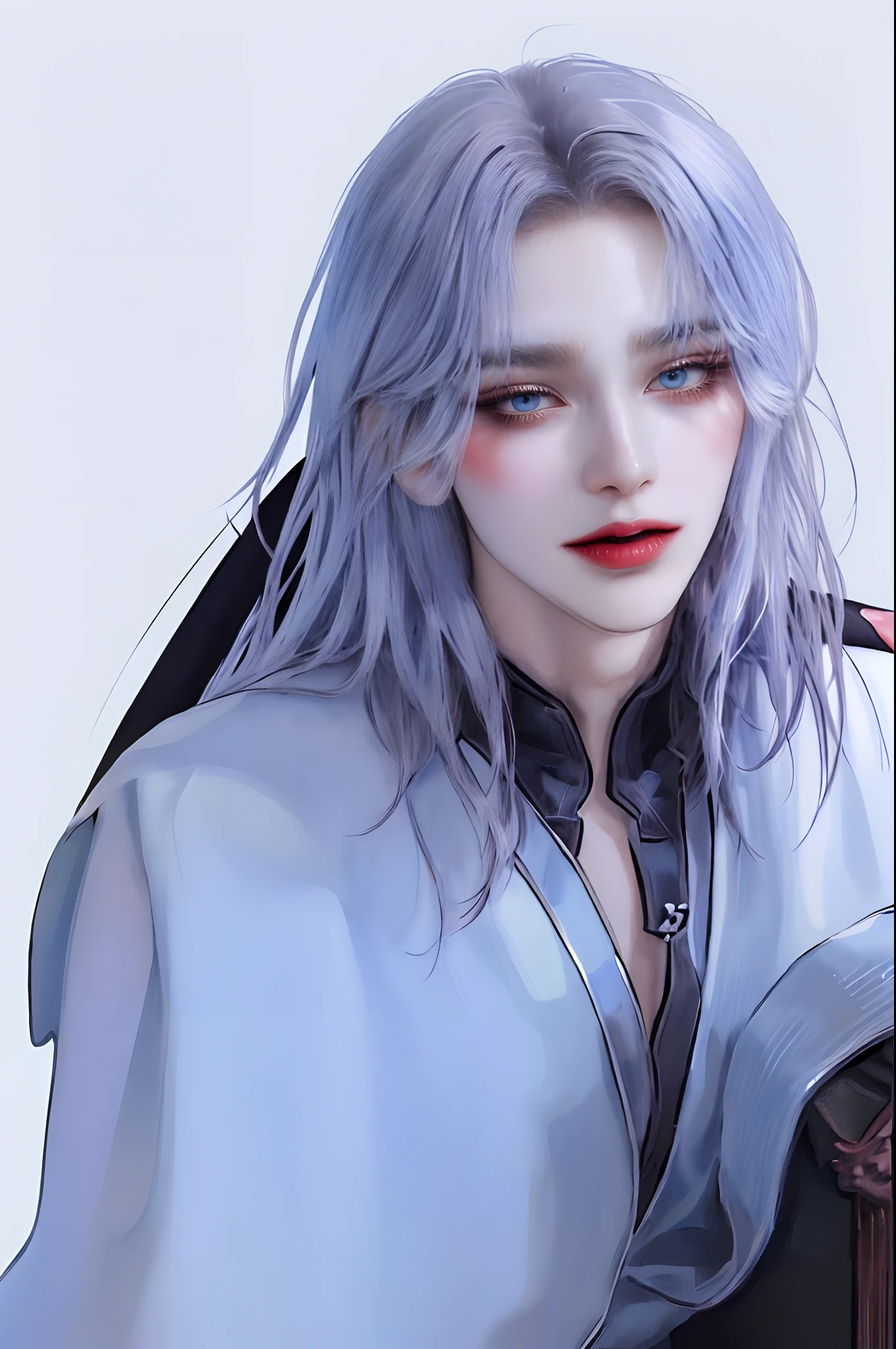 ((4K works))、​masterpiece、（top-quality)、((high-level image quality))、((One beautiful vampire woman))、Slim body、((Vampire Black Y-Shirt Fashion))、(detailed beautiful faces)、(Detailed beautiful eyes)、((Black wall background))、((crows))、((Face similar to Chaewon in Ruseraphim))、((shoulder-length hair))、((bright and beautiful silver hair))、((Smaller face))、((Neutral face))、((Light blue eyes))、((Korean Women))、((18year old))、((Wild Lady))、((Show your teeth and smile))、((Korean makeup with black eyeshadow))、((elongated and sharp eyes))、((Shot alone))、((Vampires))、((Vampire Woman))、Vampire Photos、Villain、Dark Proof、((Dark Filter))、((Shot diagonally from the side))、Vampire Pose