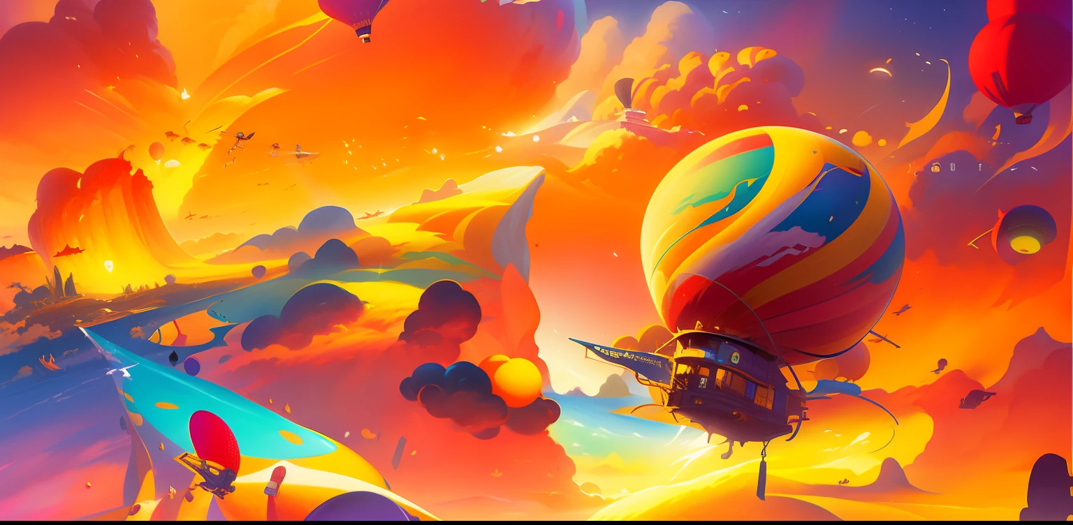 there is a painting of a hot air balloon flying in the sky, colorful concept art, flying airships, android jones and rhads, very coherent stylized artwork, flying ships, painterly concept art, painting by android jones, concept art | rhads, stylized concept art, no man sky concept art, cyril rolando and goro fujita