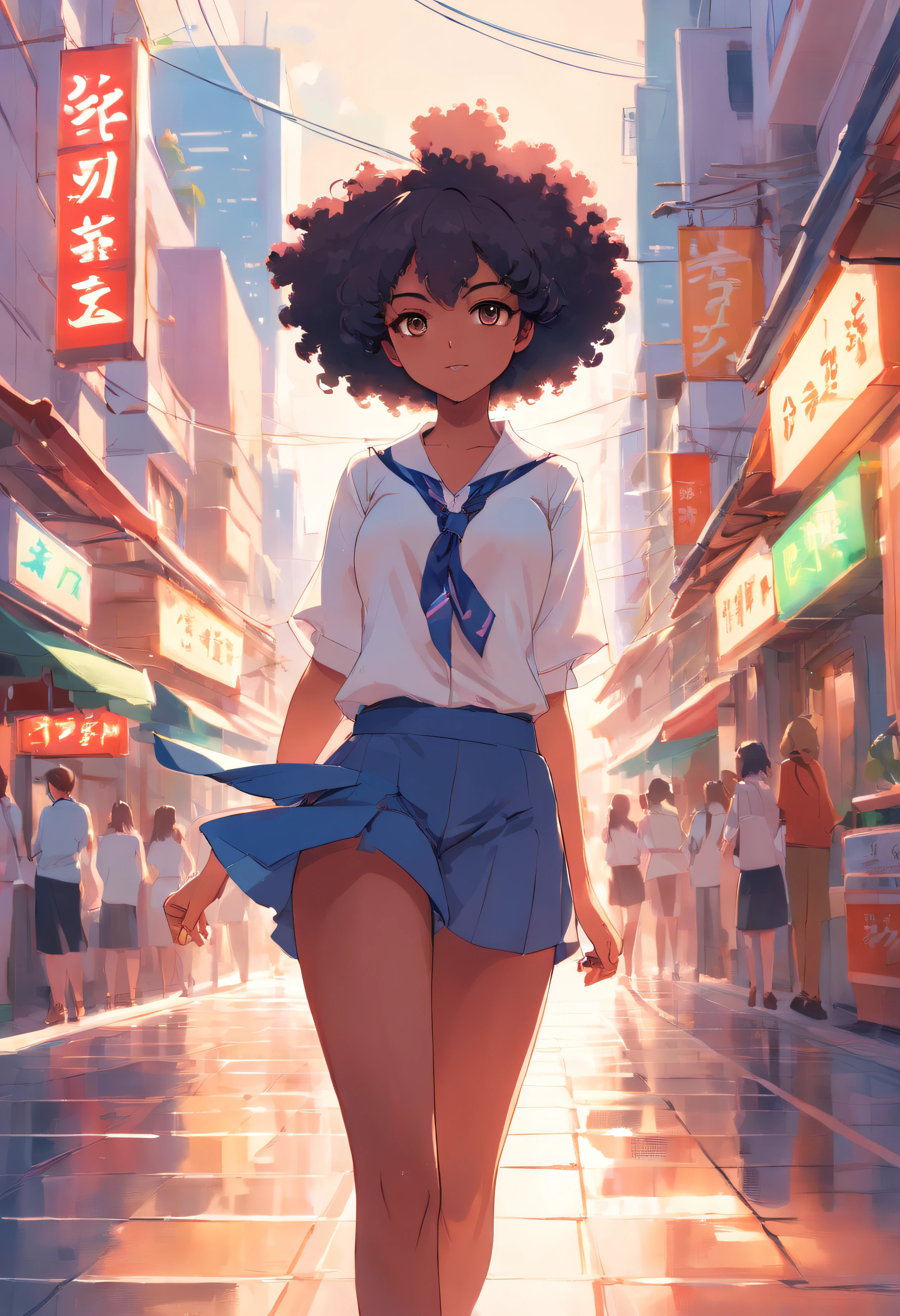 FOTO DE CUERPO COMPLETO, ((mujer latina afro)), dynamic pose, Usar una falda corta de oficina con corbata y blusa , Chica con pelo largo color rosa, staring at the camera, Obras de arte al estilo de Guweiz, Guweiz en Pixiv Artstation, Guweiz en Artstation Pixiv, Guweiz, Soft anime illustration, Anime images of cute girls, Arte detallado del anime digital, (La ciudad de Cartagena de Indias de fondo).