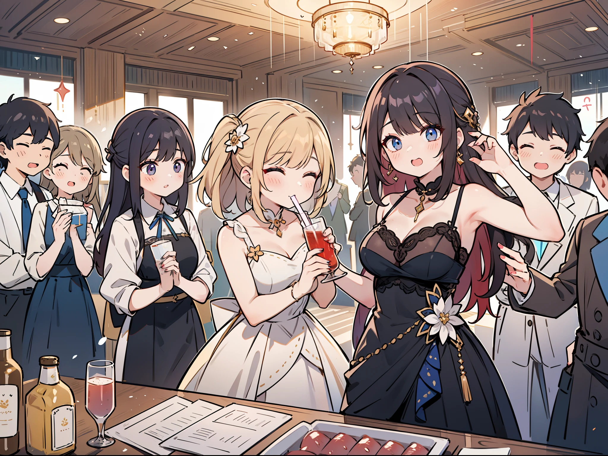 She's with her friends、We decided to have a party with multiple people。She wears a dress、Trim your hair、putting makeup on、I went to a party。
Upon arrival at the venue、Already more々gathered。She enjoys dancing with her friends.、Drinking alcohol、I made memories。((Luxurious interior:1.2))