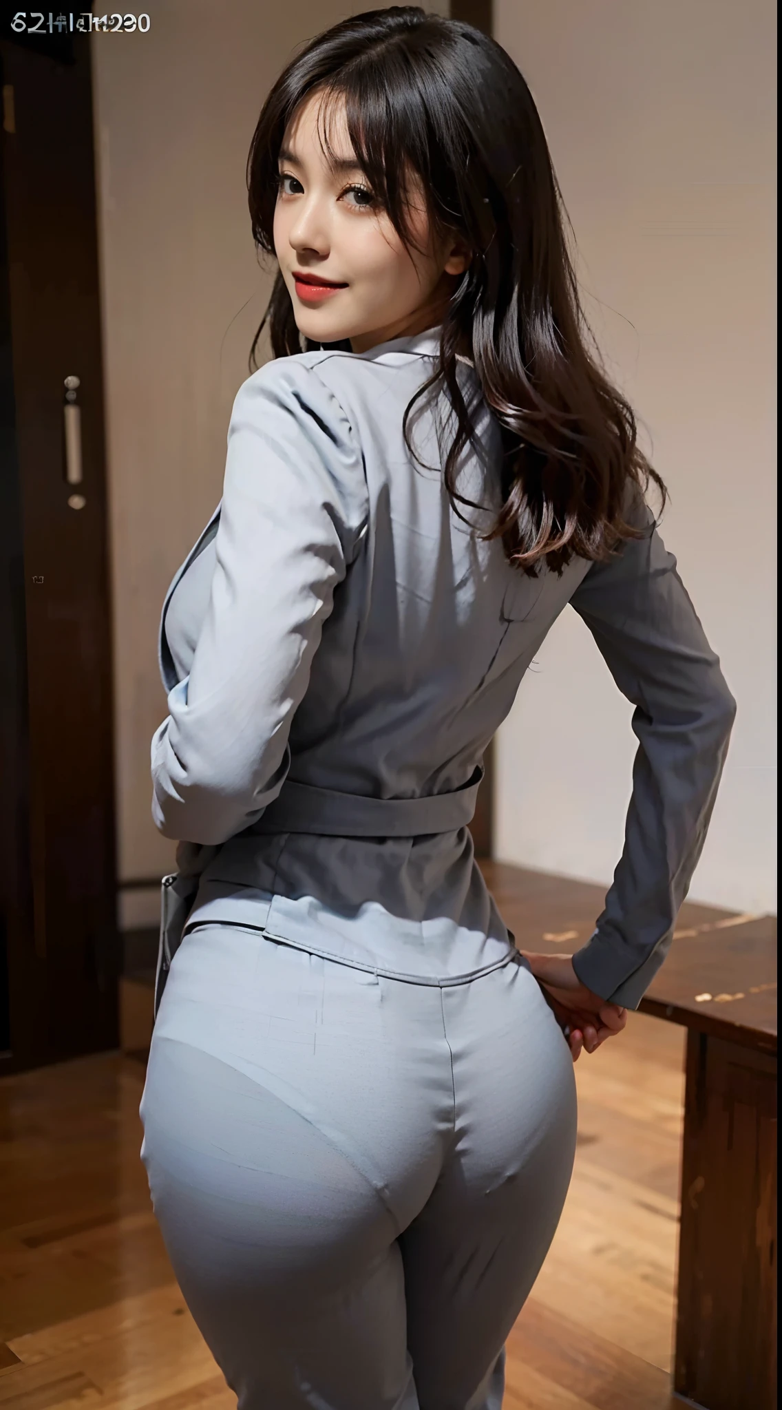 (Best quality, 8k, 32k, Masterpiece, UHD:1.2), 1girl, pretty Japanese, narrow waist, grey suit, office lady, suit, office room, desk, stick out her buttocks, big ass, (panty line, from behind, tight pants), (looking at viewer, looking back, detailed face, double eyelids, smile)