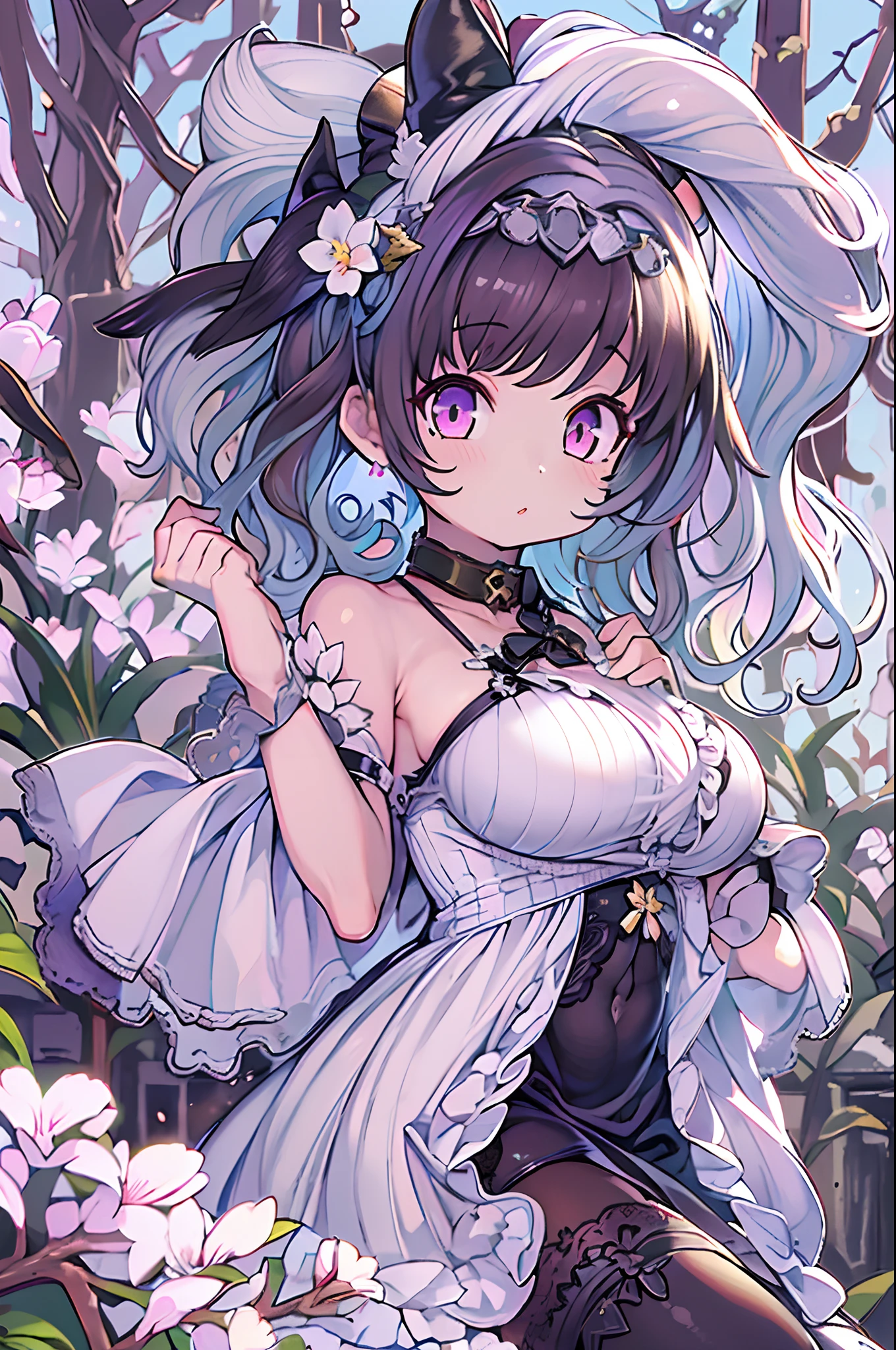 masutepiece, Best Quality, Very detailed 8k wallpaper, 1girl in, Outdoors, Helena(azur lane),straplessdress, Dress, layered dress,white blossoms, Hair Ornament, Purple eyes, (Choker), outline, (Black Gloves), Bare legs,
