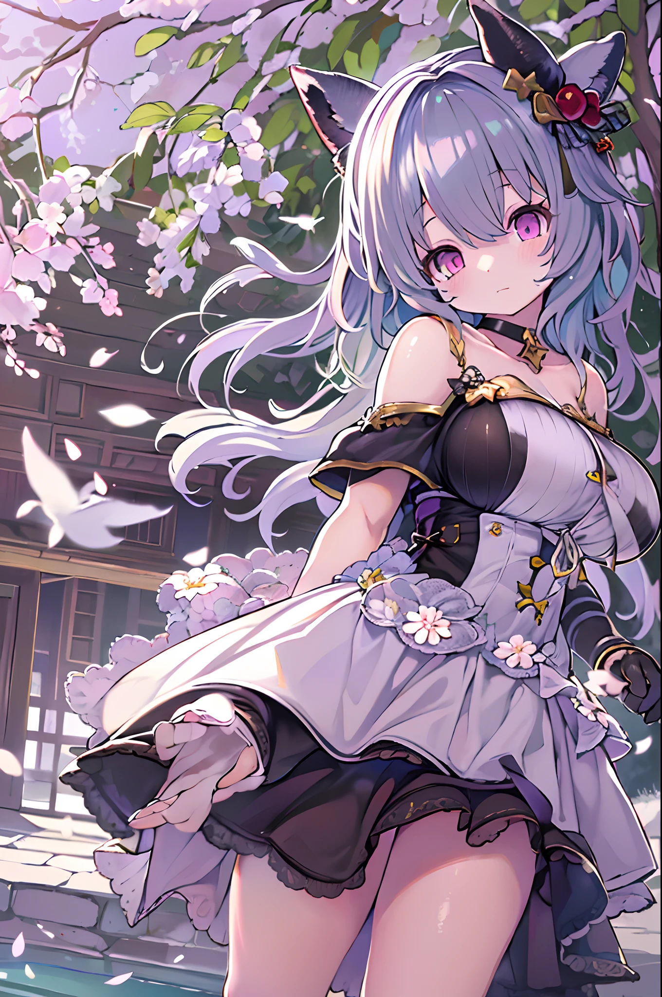 masutepiece, Best Quality, Very detailed 8k wallpaper, 1girl in, Outdoors, Helena(azur lane),straplessdress, Dress, layered dress,white blossoms, Hair Ornament, Purple eyes, (Choker), outline, (Black Gloves), Bare legs,