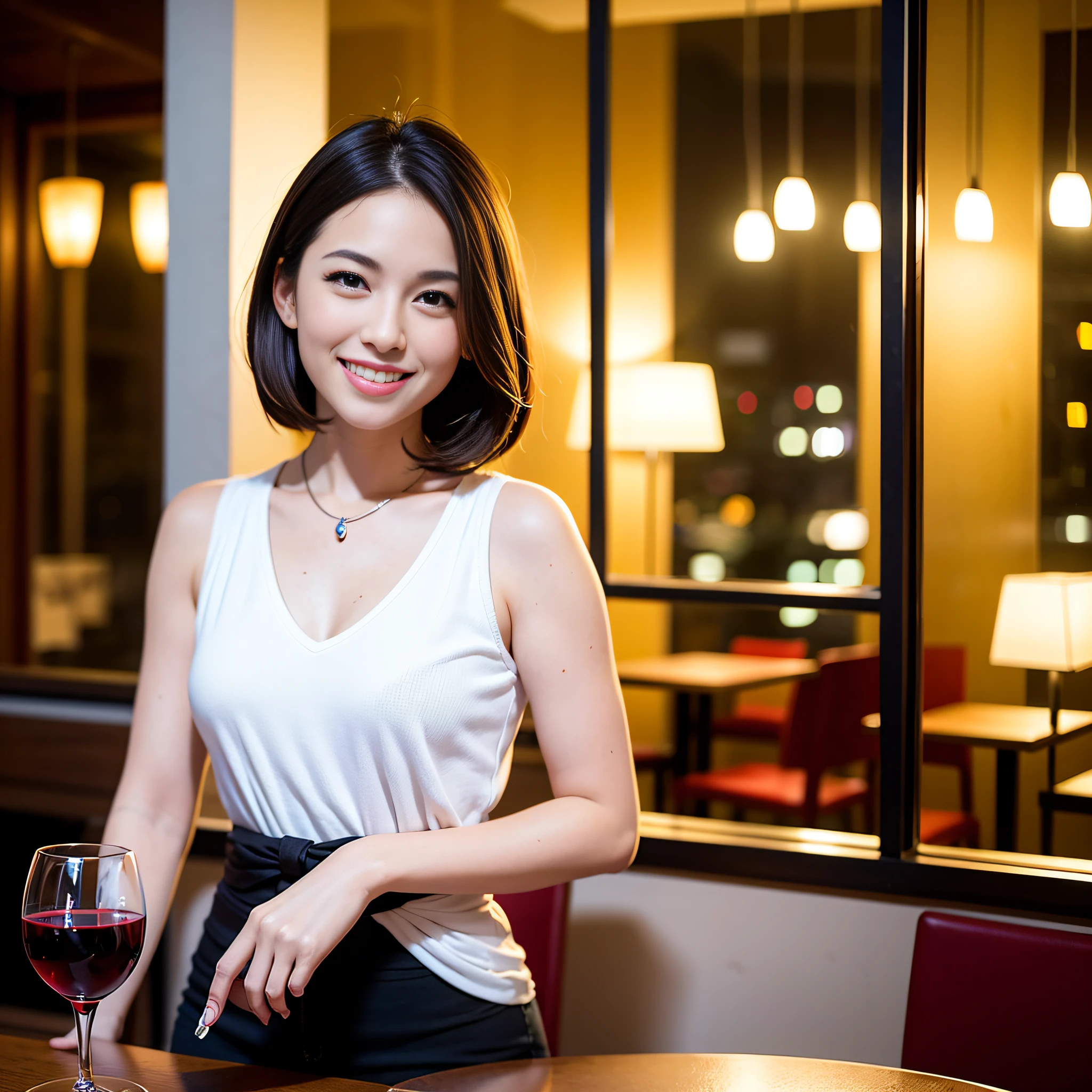 (64K, UHD, top quality, masterpiece: 1.2), (realistic, photorealistic: 1.37), super detailed, pretty woman 1 person, (slim face), (slim body), (brown hair), (short cut), cheeks slightly blushing, (44 years old), 38 years old, solo, beautiful detailed urban night view outside the window, restaurant, wine glasses sit, at night, in a prominent placeNovaFrogStyle, Actress, Model, Waist Up, White Wine, Slim, Wine Glass, Super Clean Night View, Wine Glass Put in the Middle, Happy Smile, (Smile: 1.15), Beautiful Fine Eyes, Upper Body, Bust Japan Up, Night, Short, Short, Actress, Model, Waist Up, White Wine, Slim, Wine Glass, Super Clean Night View, Wine Glass Put in the Middle, Happy Smile,