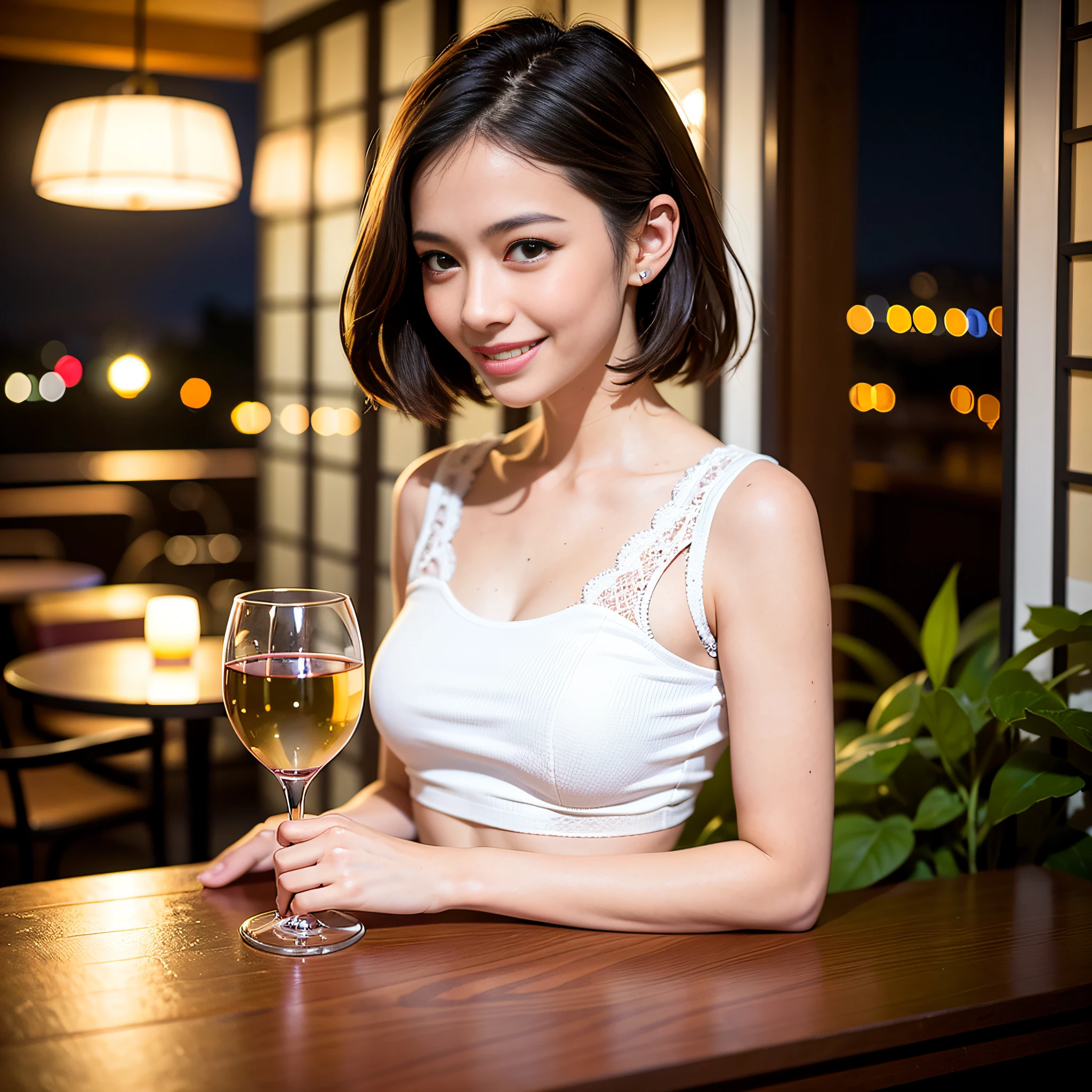 (64K, UHD, top quality, masterpiece: 1.2), (realistic, photorealistic: 1.37), super detailed, pretty woman 1 person, (slim face), (slim body), (brown hair), (short cut), cheeks slightly blushing, (44 years old), 38 years old, solo, beautiful detailed urban night view outside the window, restaurant, wine glasses sit, at night, in a prominent placeNovaFrogStyle, Actress, Model, Waist Up, White Wine, Slim, Wine Glass, Super Clean Night View, Wine Glass Put in the Middle, Happy Smile, (Smile: 1.15), Beautiful Fine Eyes, Upper Body, Bust Japan Up, Night, Short, Short, Actress, Model, Waist Up, White Wine, Slim, Wine Glass, Super Clean Night View, Wine Glass Put in the Middle, Happy Smile,