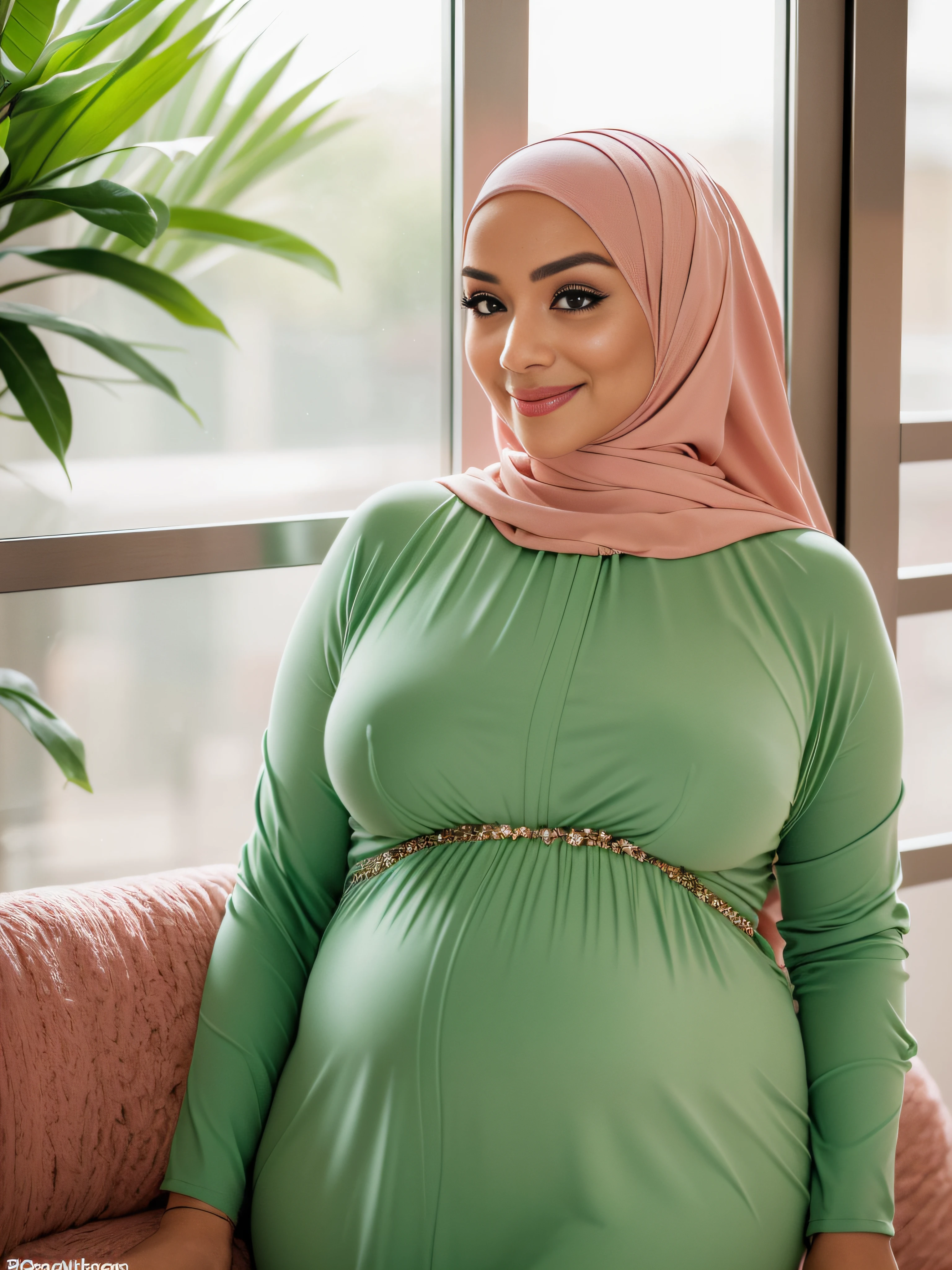 RAW, Best quality, high resolution, masterpiece: 1.3), beautiful Malay woman in hijab wear soft green Mini peplum Dress with floral pattern,(long sheer mini dress),(big breasts) , (masterpiece, perfect  body),(absurdres:1.3), walking, (detail skin:1.3, facial details:1.3), from above, looking at the viewer, sharp focus, smooth, (Malay beauty:1.3), (mature woman: 1.2), (large breasts:1.4, thick thighs:1.2, narrow:1.1) , sweet smile, (big_eyes:1.2, brown_eyes), red_eyeshadow, pink lips,looking at the viewer, street, (bokeh ),(sunlight on face:1.5), open_blazer, (pregnant 1.3)