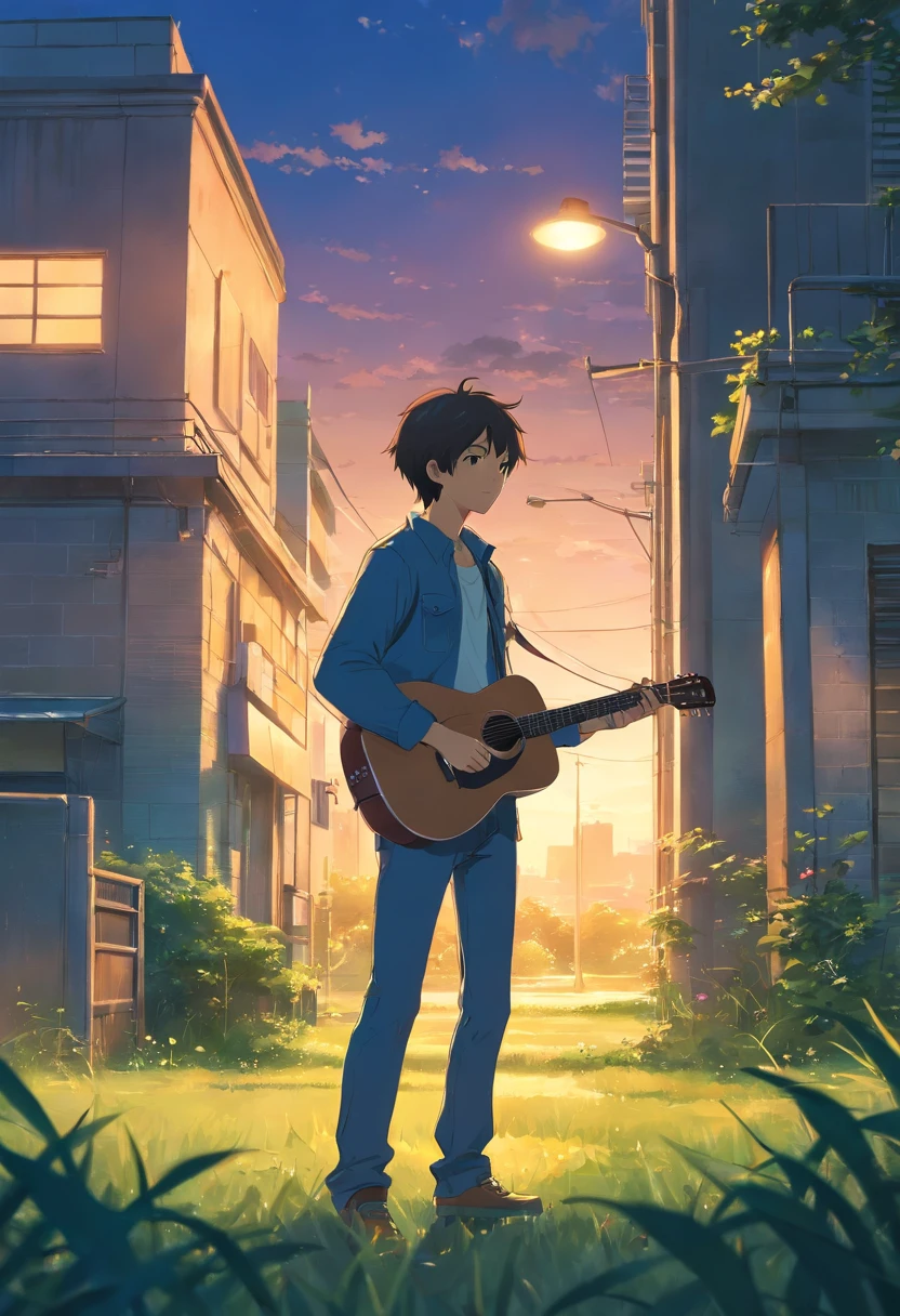 Top image quality、One 30-year-old male、A dark-haired、The forehead is open、Playing guitar in the grass where you can see the building、early evening