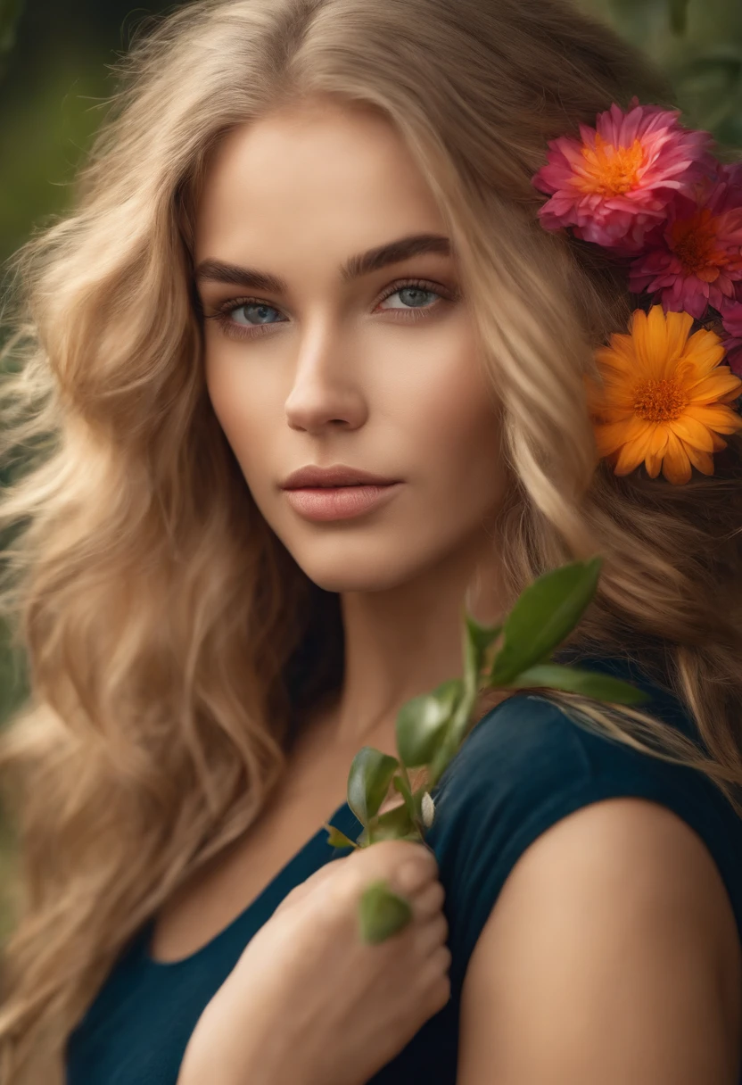 chica realista, rubia ,pelo largo, con una flor entre el pelo, con sudadera