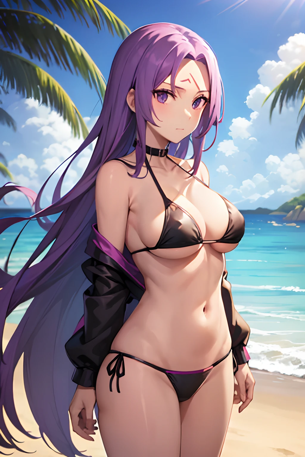 Best Quality, (masutepiece:1.2), Highly detailed,Fate/Stay in the background, Sun'rays, (the beach:1.3), Splash,Medusa_nffsw, Upper body,1girl in, Solo, Standing, Looking at the viewer, Closed mouth, slight smile,absurdly long hair, Purple hair, Floating hair, Purple eyes, Naughty big、large full breasts、(Black Bikini:1.3)、cowboy shot、Expose your forehead