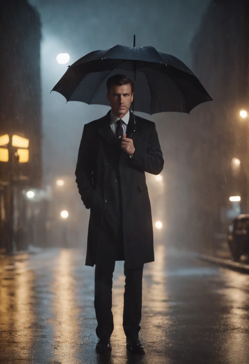 A man with Balck suit standing on a rainy road with umbrella, at night, 4k, hd