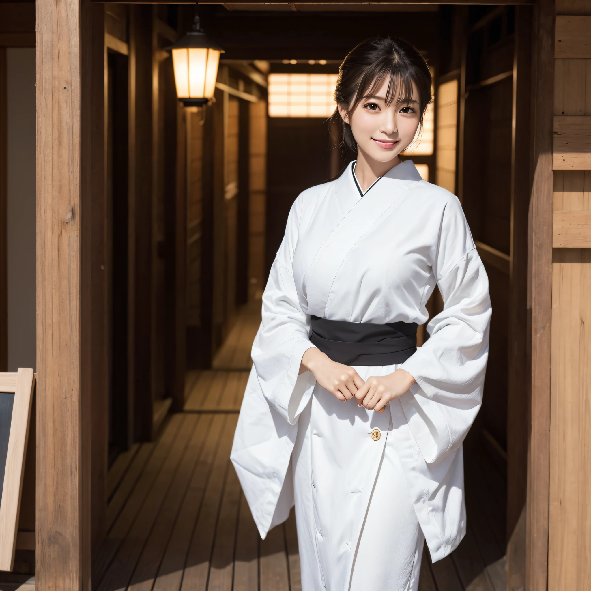 Beautiful woman in neat Japanese clothes、((best qualtiy、8k masterpieces:1.3))、foco nítido:1.2、(ultra beautiful faces:1.0)、(shinny skin:1.0)、photos realistic、A dark-haired、Video Lighting、High-definition eyes and face、Video Lighting、Japan Idol Actress、from the front side、medium breasts、Smile、Slender Abs Beauty、Whole body、In Gion