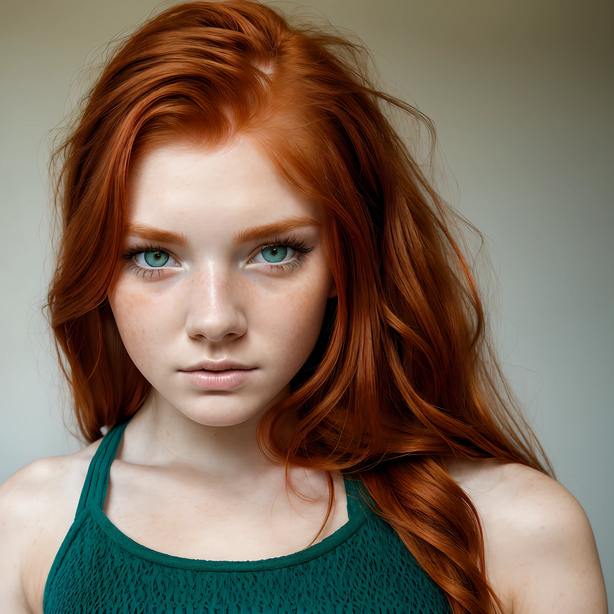 raw, a photo of a seductive teenager with loose styled, (redhead hair:1.2), bored, green eye  she is wearing a blue halter top, mascara, close up of face, (textured skin, skin pores:1.1), imperfect skin, goosebumps, flawless face, (sun-kissed:1.1), ((photorealistic):1.1),