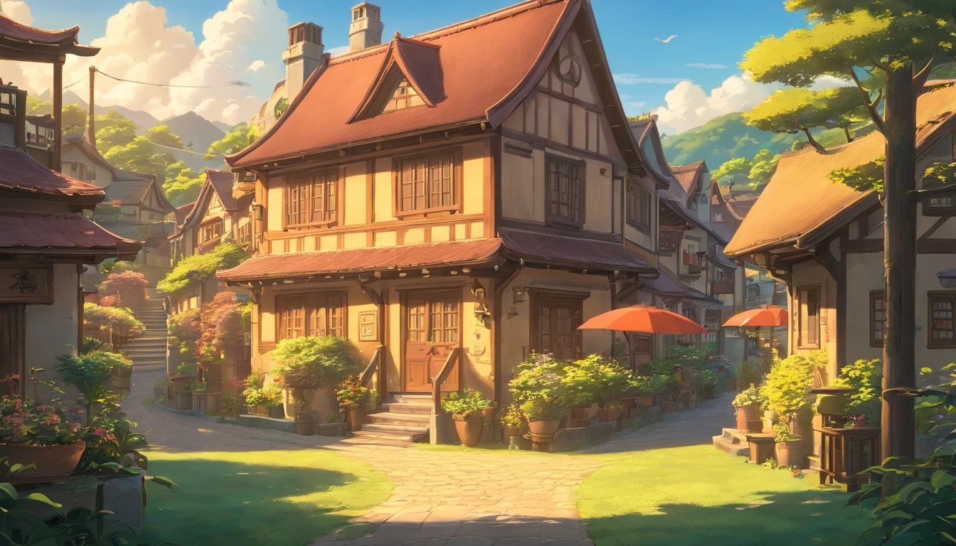 outdoor in the golden hour
Background Ghibli style village,
(fujifilm 16k) ,hyperrealistic, intricate detail, autolevel, dark, art nouveau, dramatic, desaturated, (expansive), intricate