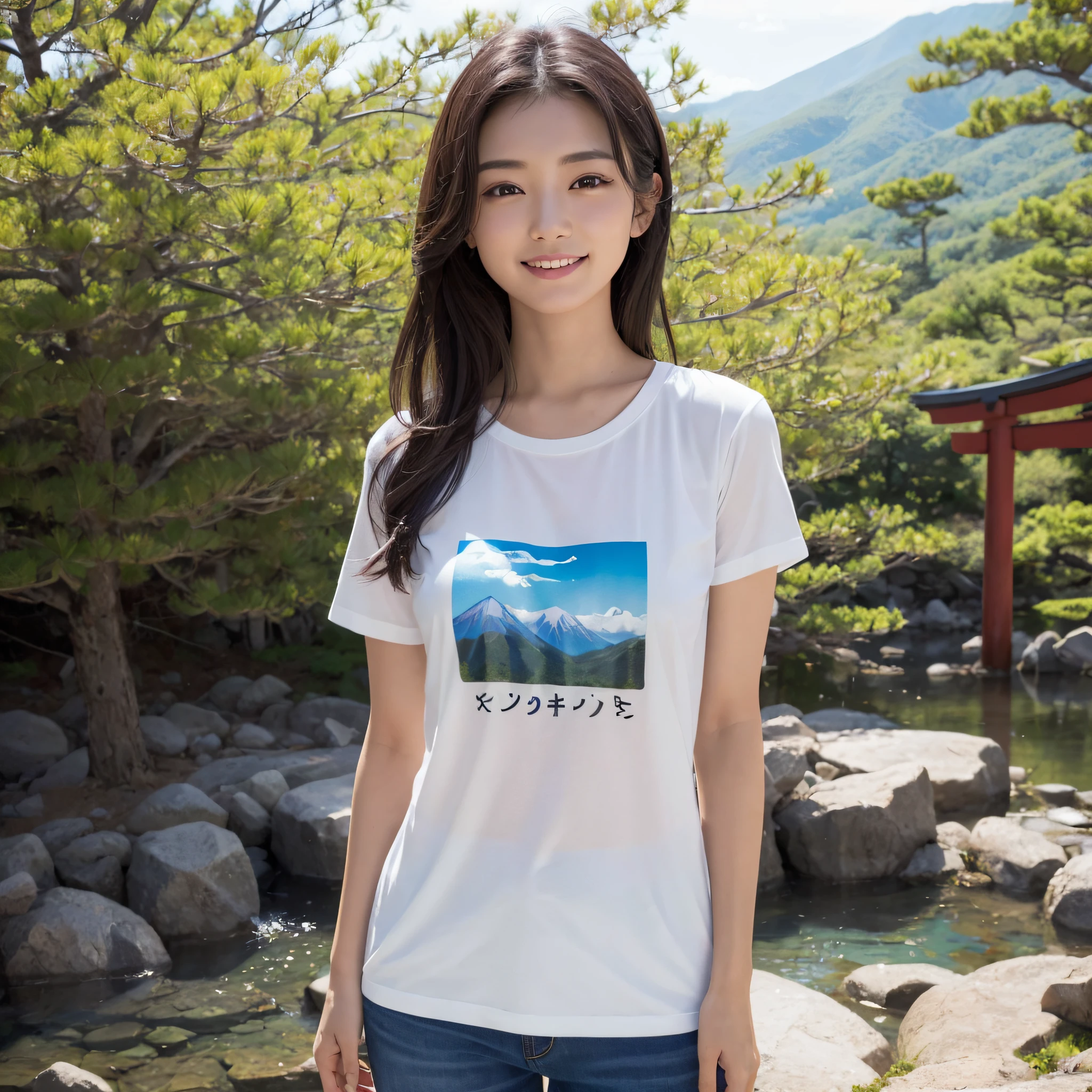 One beauty、((best qualtiy、8k masterpieces:1.3))、foco nítido:1.2、(ultra beautiful faces:1.0)、(shinny skin:1.0)、photos realistic、A dark-haired、Video Lighting、High-definition eyes and face、Video Lighting、25-year-old Japan actress、from the front side、medium breasts、Smile、Slender Abs Beauty、Whole body、Kanji for Japan「tenderness」Wearing a T-shirt、In the mountains. Fuji